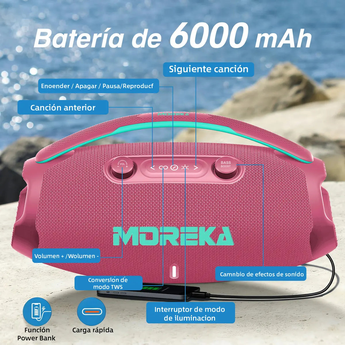 MOREKA A40 Bocina Bluetooth 70W BT 5.3 10m, Tipo-C, IPX6, LED RGB - Imagen 7