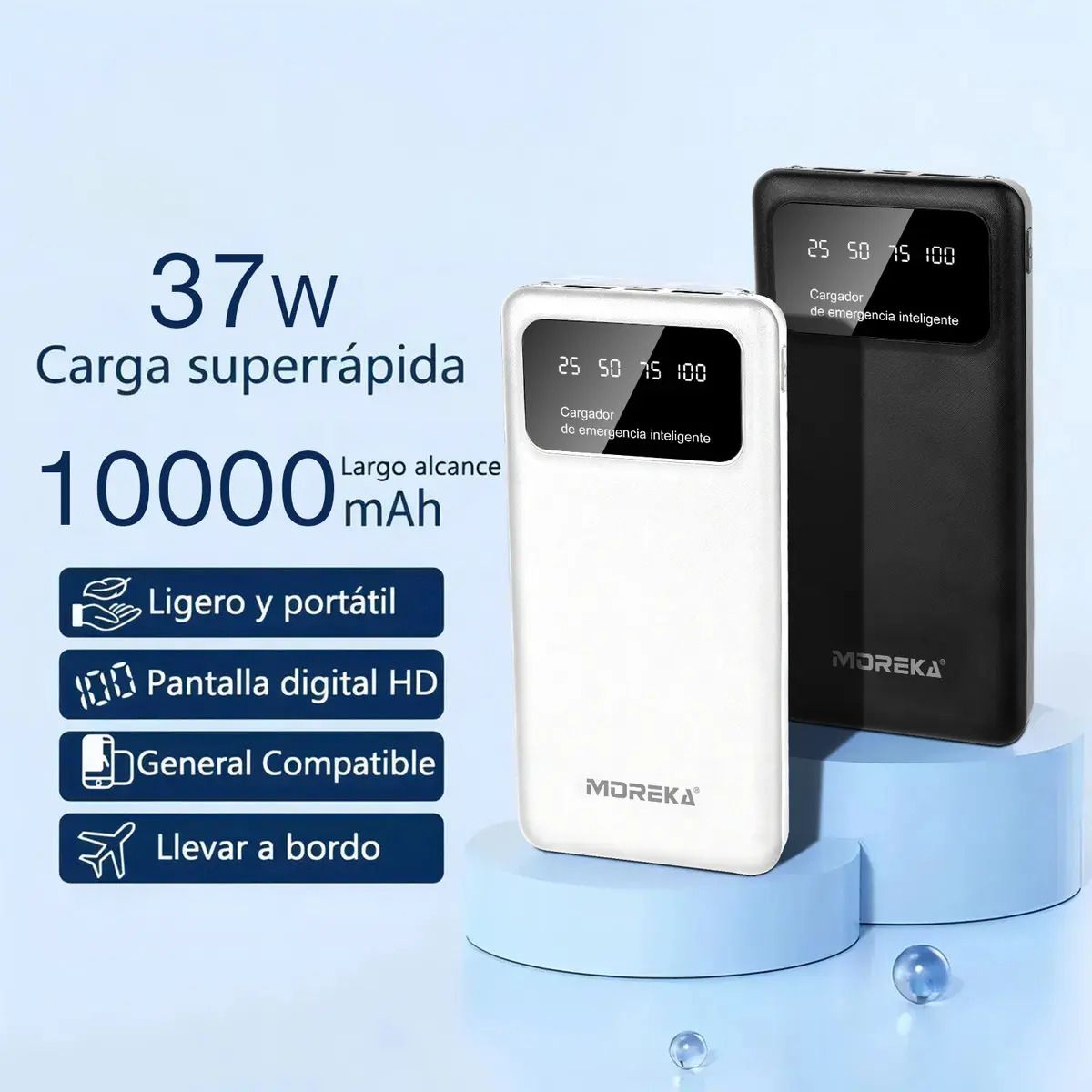 Power Bank Moreka K101 10000mAh 37Wh Puertos de Salida 2 USB + Entrada y Salida Tipo C Pantalla LED Linterna Carga Rápida - Imagen 2