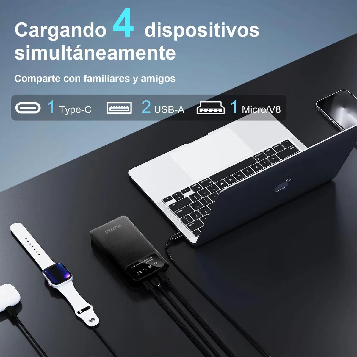 Power Bank Moreka K101 10000mAh 37Wh Puertos de Salida 2 USB + Entrada y Salida Tipo C Pantalla LED Linterna Carga Rápida - Imagen 3