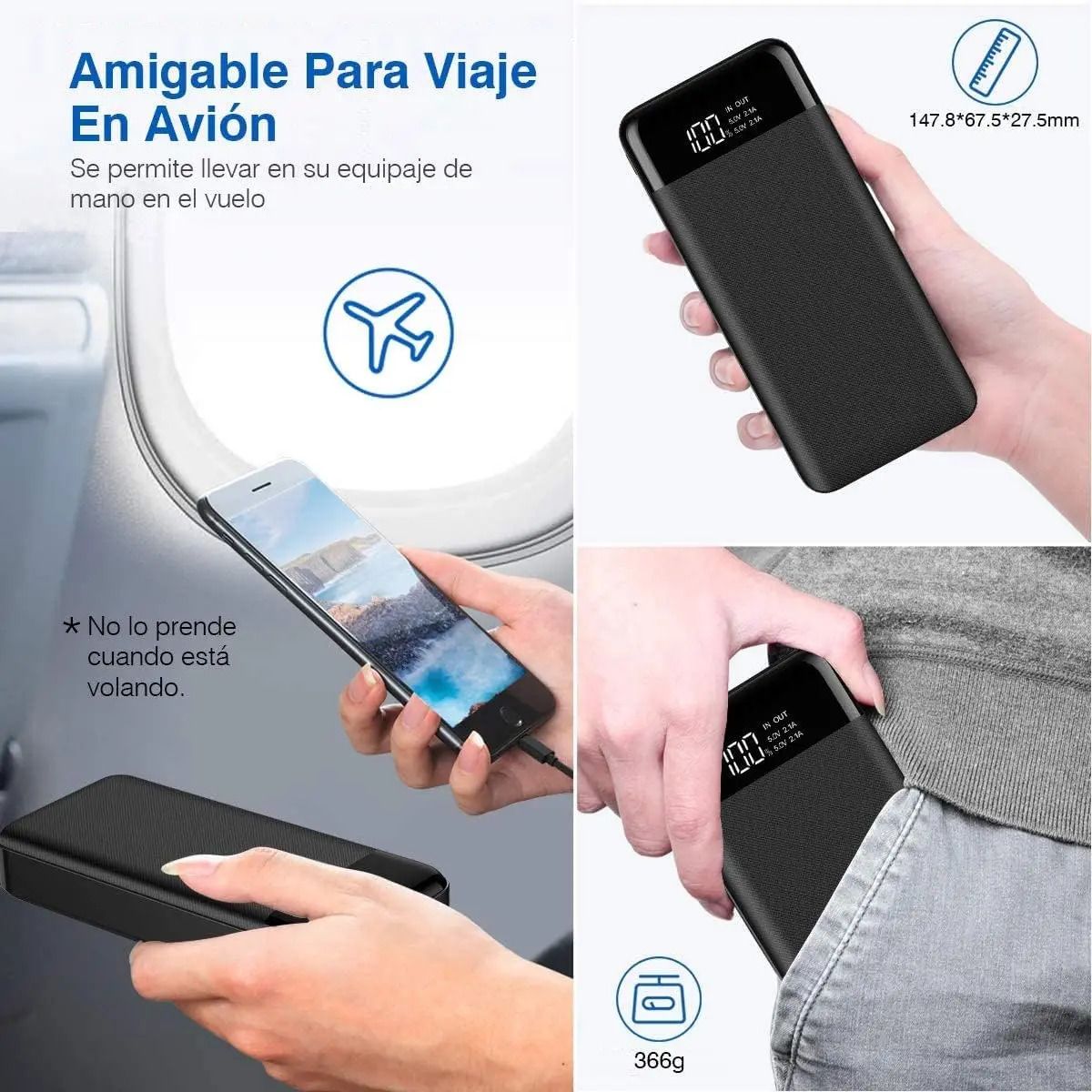 Power Bank Moreka K101 10000mAh 37Wh Puertos de Salida 2 USB + Entrada y Salida Tipo C Pantalla LED Linterna Carga Rápida - Imagen 7