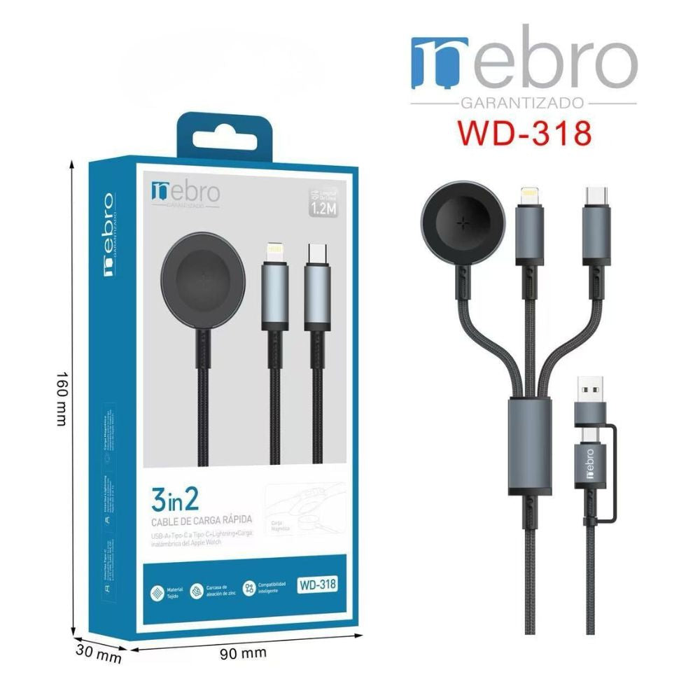 Cable 1.2m Cargador 3 en 1 USB-A + Tipo-C + Lightning + Carga Magnética Nebro WD-318 - Imagen 2