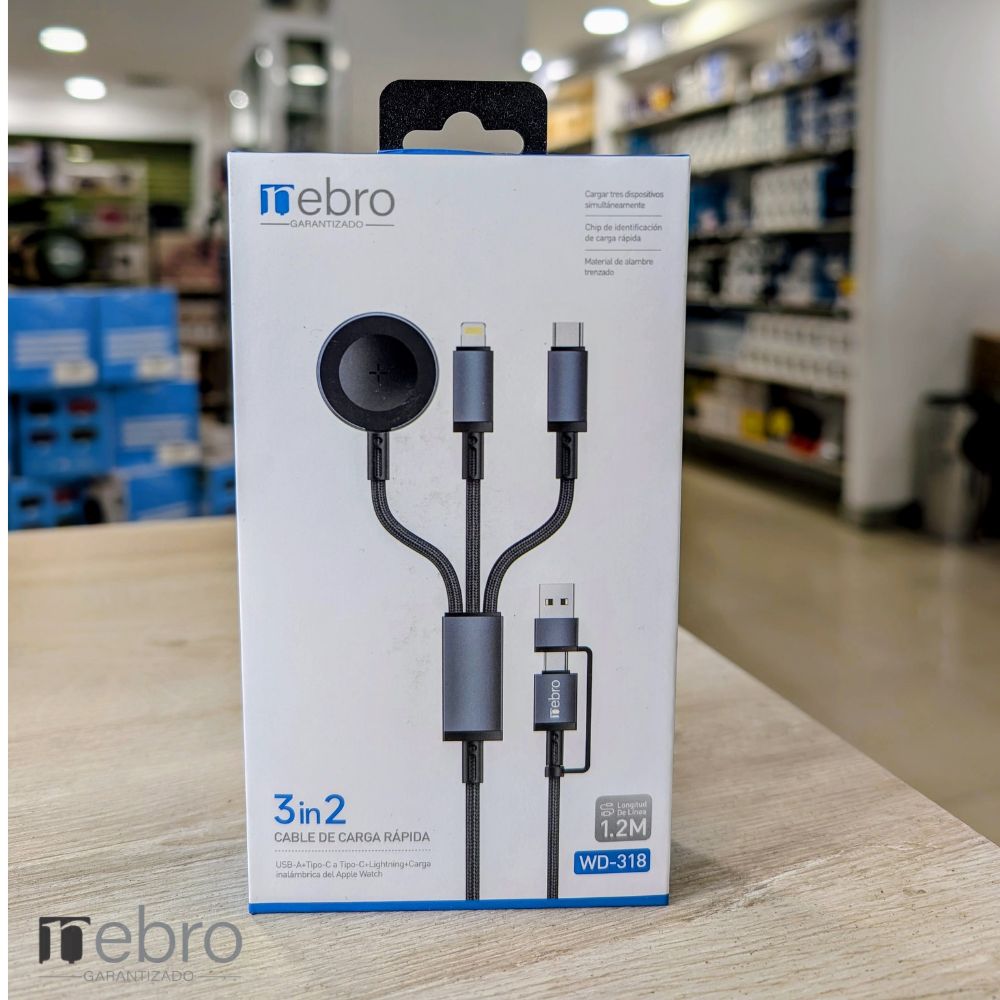 Cable 1.2m Cargador 3 en 1 USB-A + Tipo-C + Lightning + Carga Magnética Nebro WD-318 - Imagen 3