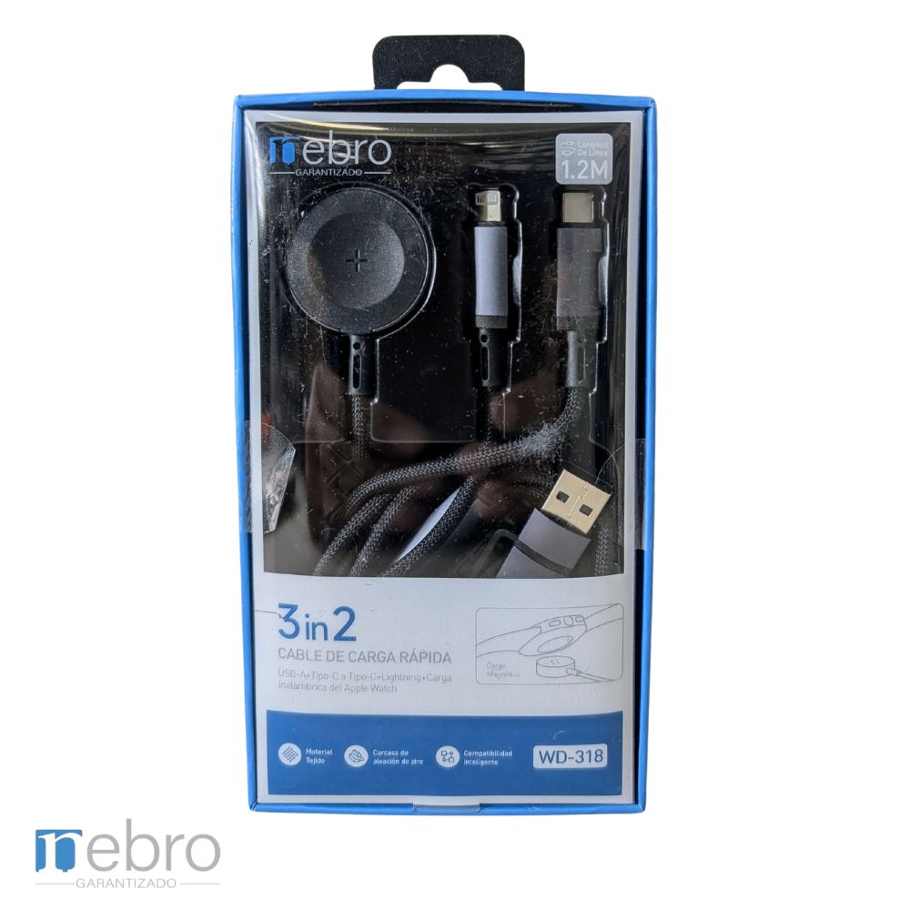 Cable 1.2m Cargador 3 en 1 USB-A + Tipo-C + Lightning + Carga Magnética Nebro WD-318 - Imagen 4