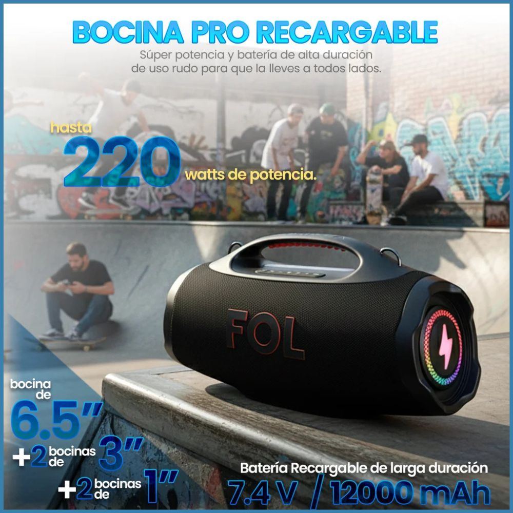 Bocina FOL FS-R208 220W 12000mAh 10hrs de bateria Bluetooth IPX6 - Imagen 6