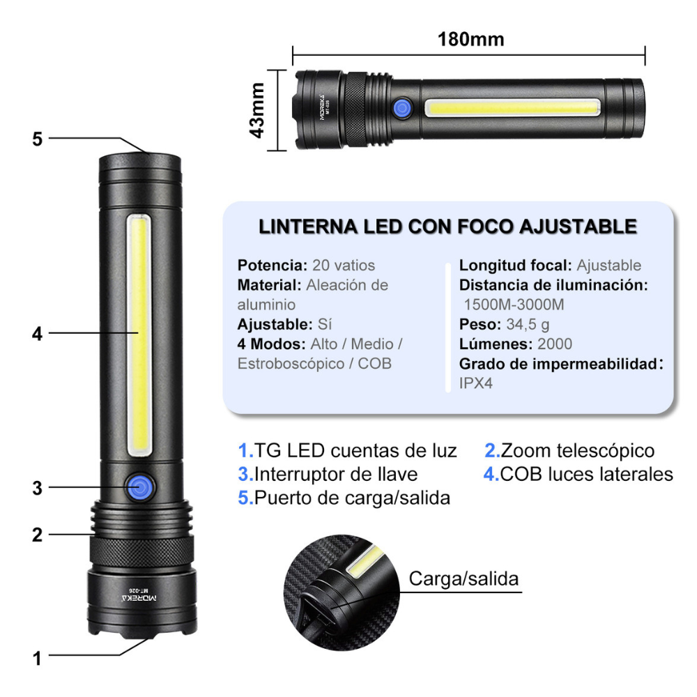 Lampara Táctica Recargable Usb Laser 20W 8800mAh / 4.2V Moreka MT-026 - Imagen 5