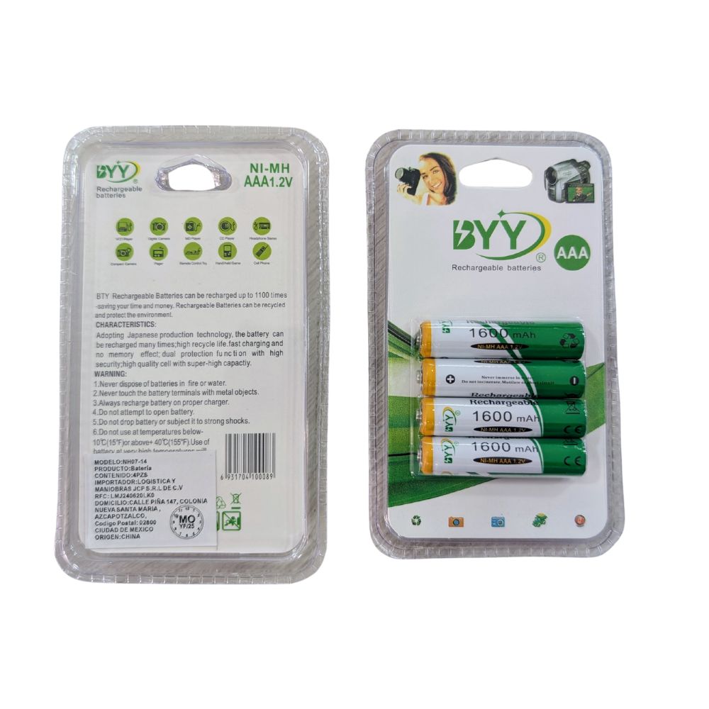 Paquete de 4 Pilas Baterías Recargables  Aaa 1.2V 1600 mAh hasta 1100 ciclos BYY NH07-14 - Imagen 3
