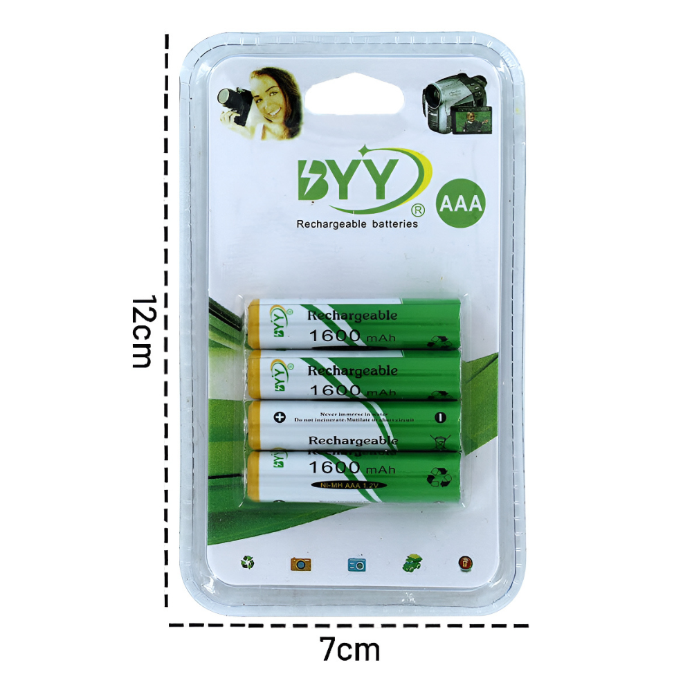 Paquete de 4 Pilas Baterías Recargables  Aaa 1.2V 1600 mAh hasta 1100 ciclos BYY NH07-14 - Imagen 4