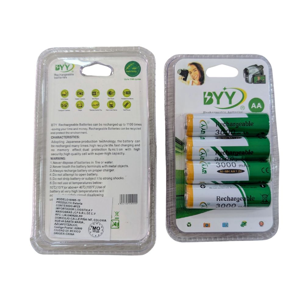 Paquete de 4 Pilas Baterías Recargables  AA 1.2V 2000 mAh hasta 1100 ciclos BYY NH05-15 - Imagen 3