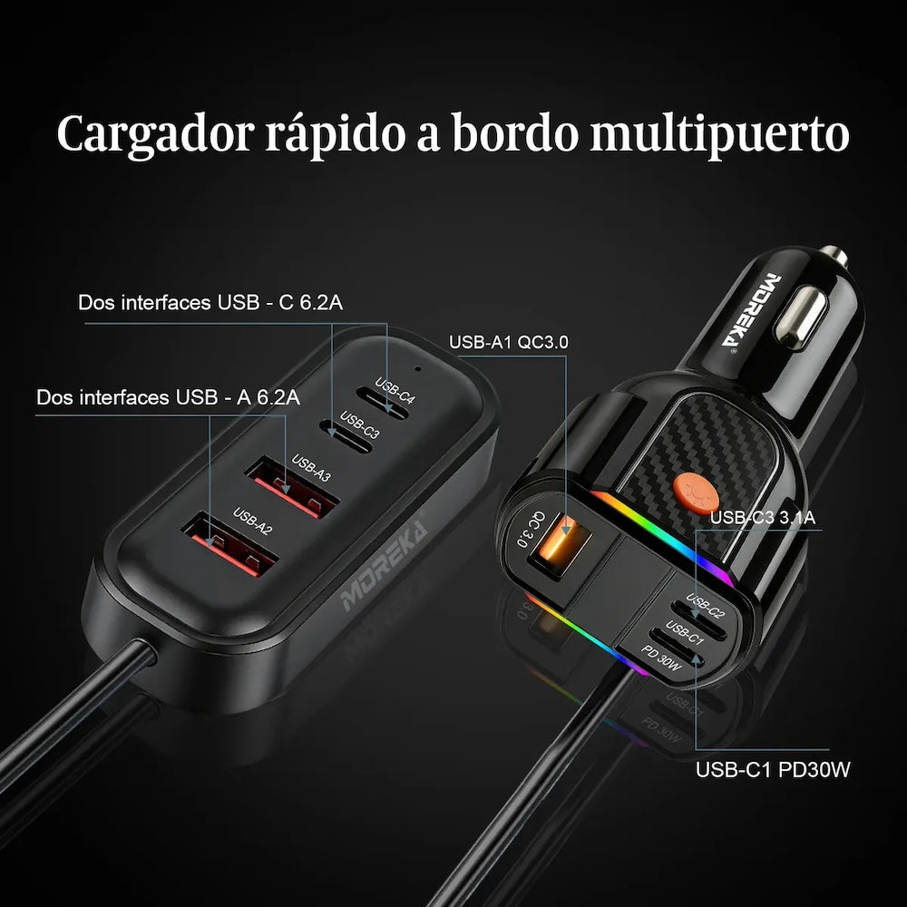 Plug in Cargador de Automóvil 45W Moreka 7 puertos USB-C USB-A CP0076 - Imagen 2