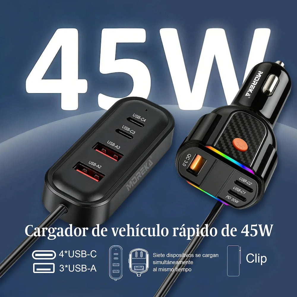 Plug in Cargador de Automóvil 45W Moreka 7 puertos USB-C USB-A CP0076 - Imagen 3