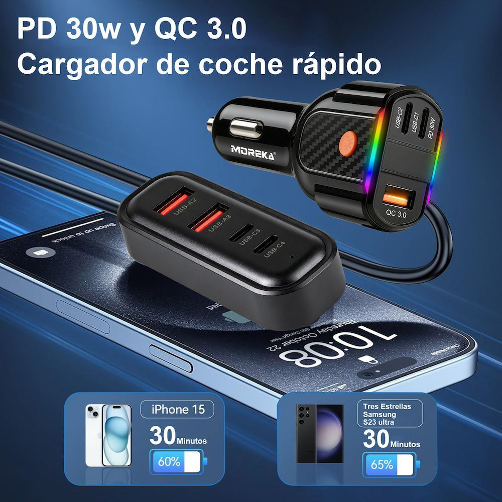Plug in Cargador de Automóvil 45W Moreka 7 puertos USB-C USB-A CP0076 - Imagen 5