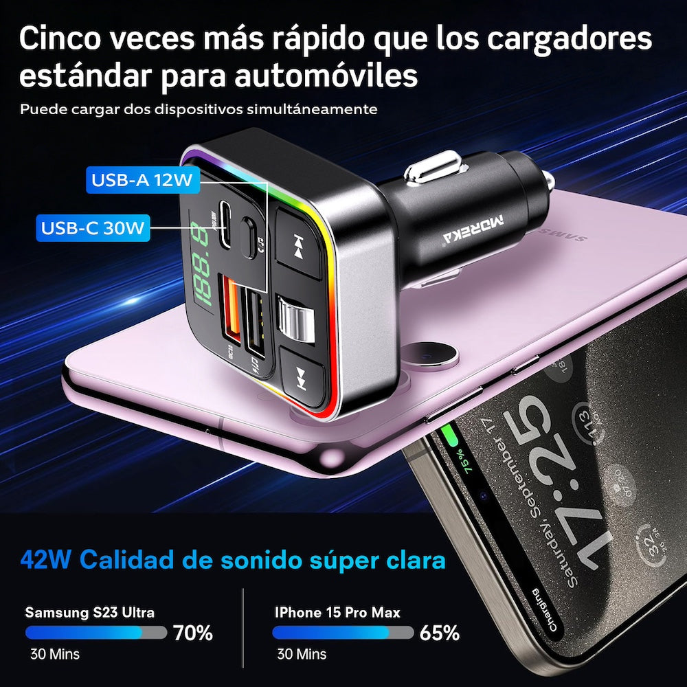 Plug in Reproductor MP3 Transmisor FM Bluetooth Cargador de coche 30W Moreka CP0070B - Imagen 2