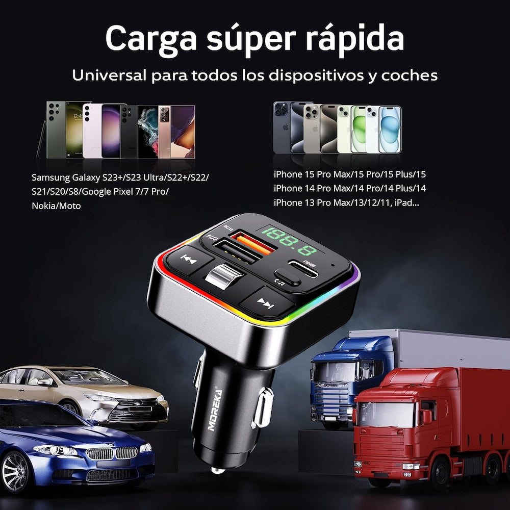 Plug in Reproductor MP3 Transmisor FM Bluetooth Cargador de coche 30W Moreka CP0070B - Imagen 3