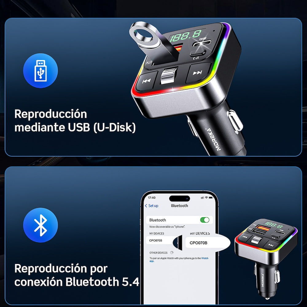 Plug in Reproductor MP3 Transmisor FM Bluetooth Cargador de coche 30W Moreka CP0070B - Imagen 5