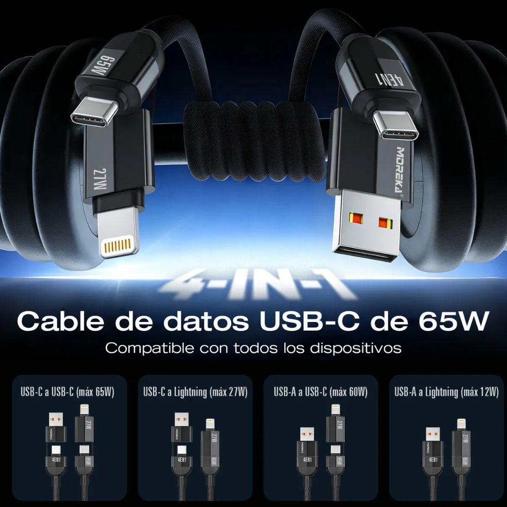 Cable Moreka 4 En 1 Cable Datos 65W en C 27W en IP 1.2m Para Iphone Usb Tipo C CB-054 - Imagen 2