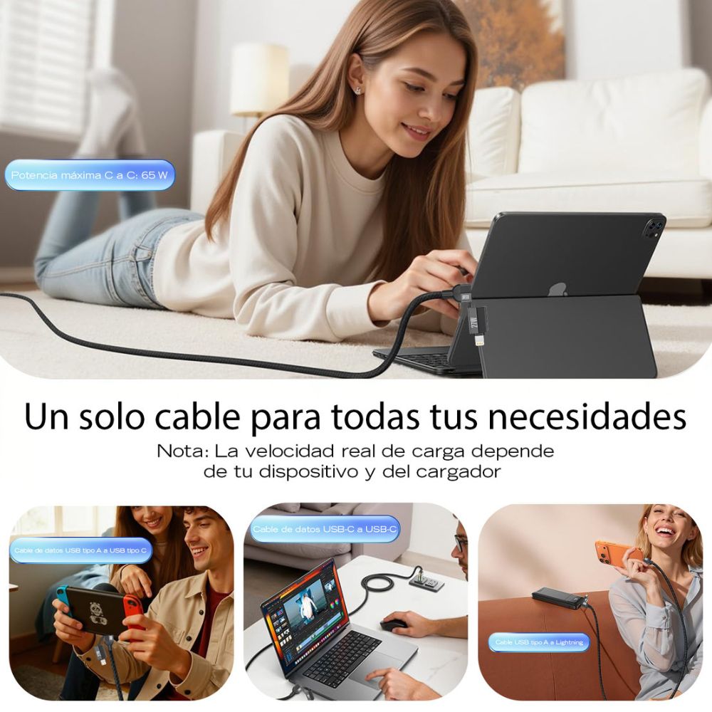 Cable Moreka 4 En 1 Cable Datos 65W en C 27W en IP 1.5m Para Iphone Usb Tipo C CB-058 - Imagen 7