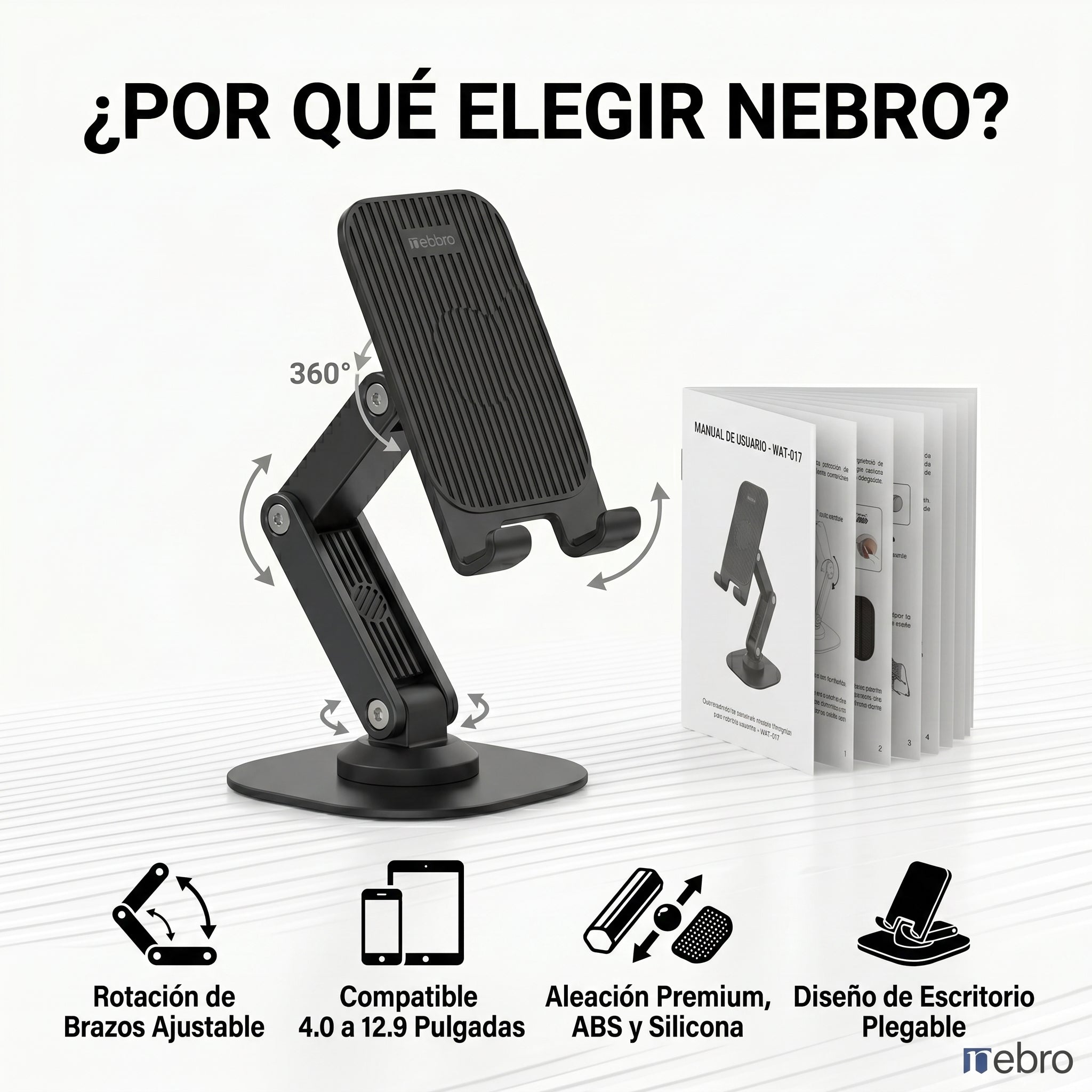 Soporte escritorio Giratorio Rotación 360° Plegable Nebro WAT-017 - Imagen 6