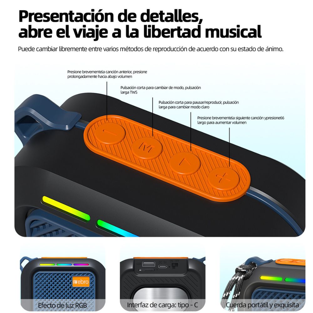 Mini Bocina Nebro 8W 1200mAh Bluetooth recargable, USB TWS WG-186 - Imagen 5