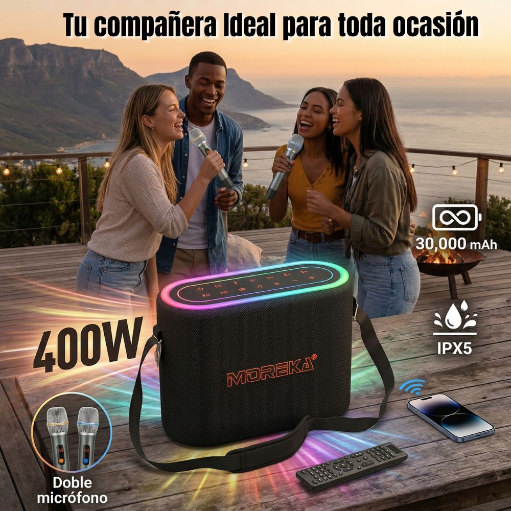 Bocina Karaoke Moreka A35 400W 30000mAh 10 hrs de bateria Bluetooth, Contra Agua IPX5 - Imagen 2