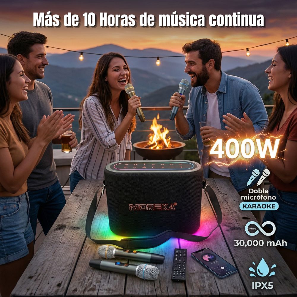 Bocina Karaoke Moreka A35 400W 30000mAh 10 hrs de bateria Bluetooth, Contra Agua IPX5 - Imagen 4