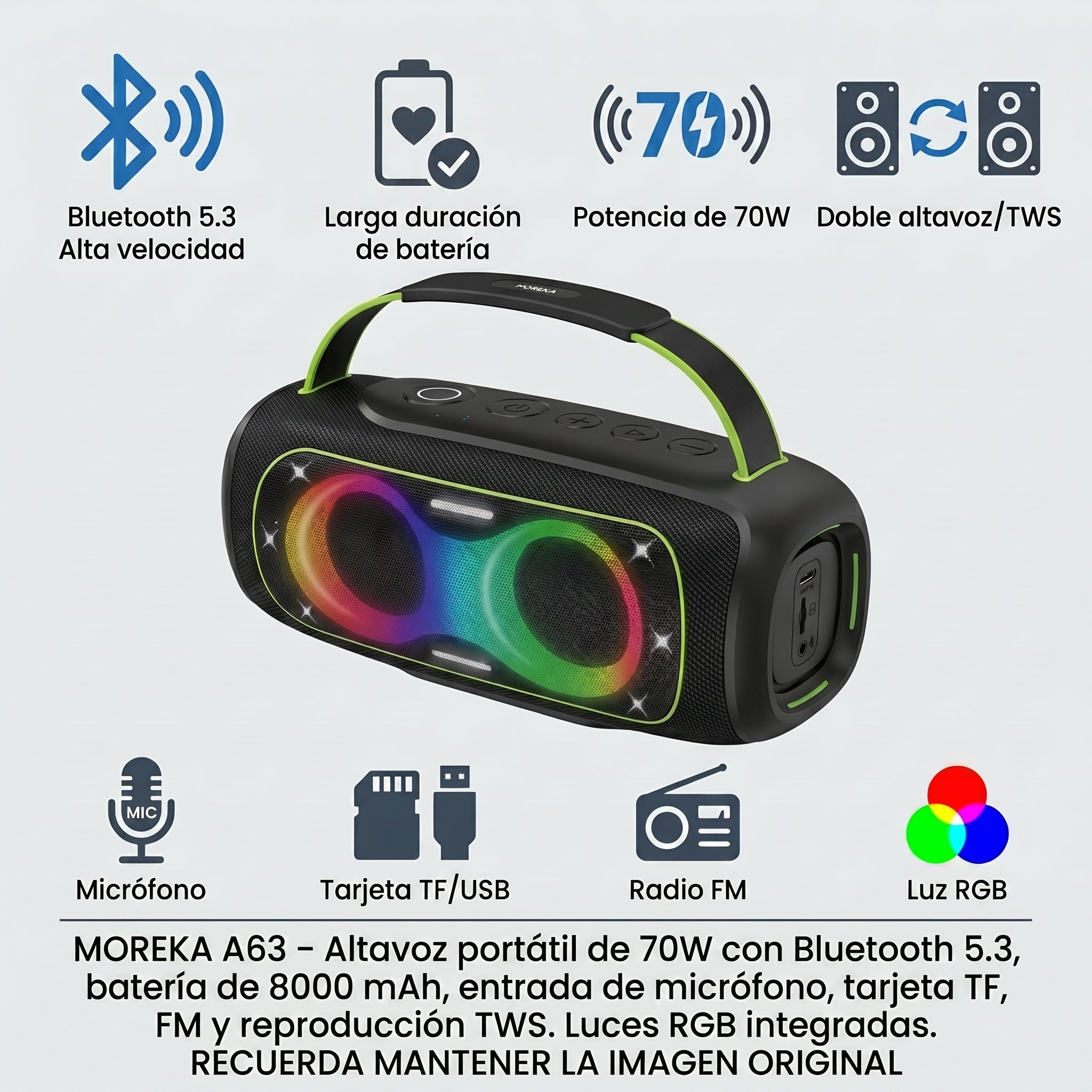 Altavoz portátil MÁSK A63 70W estéreo con - Imagen 5