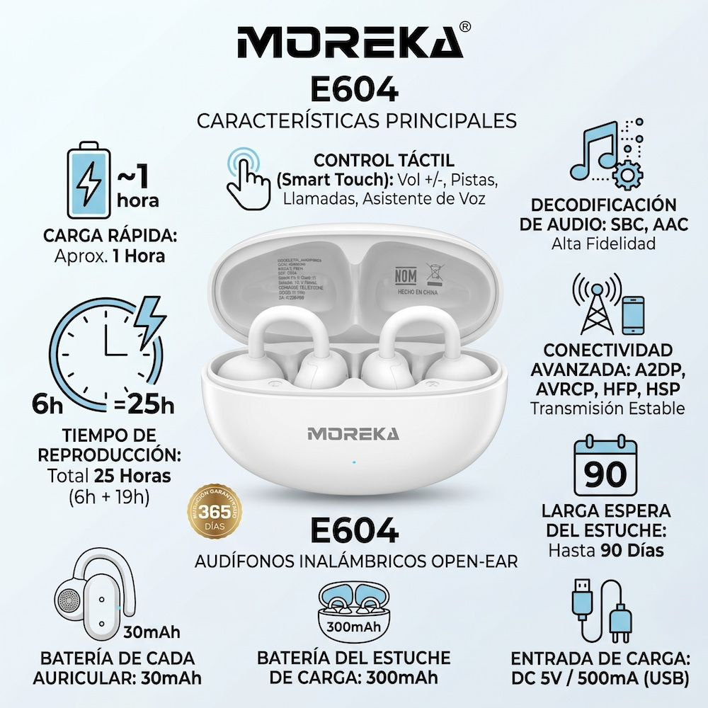 Audífonos Tipo Arete Moreka E604 Estilo y Libertad con Sonido de Alta Calidad — Bluetooth 5.3 TWS - Imagen 4
