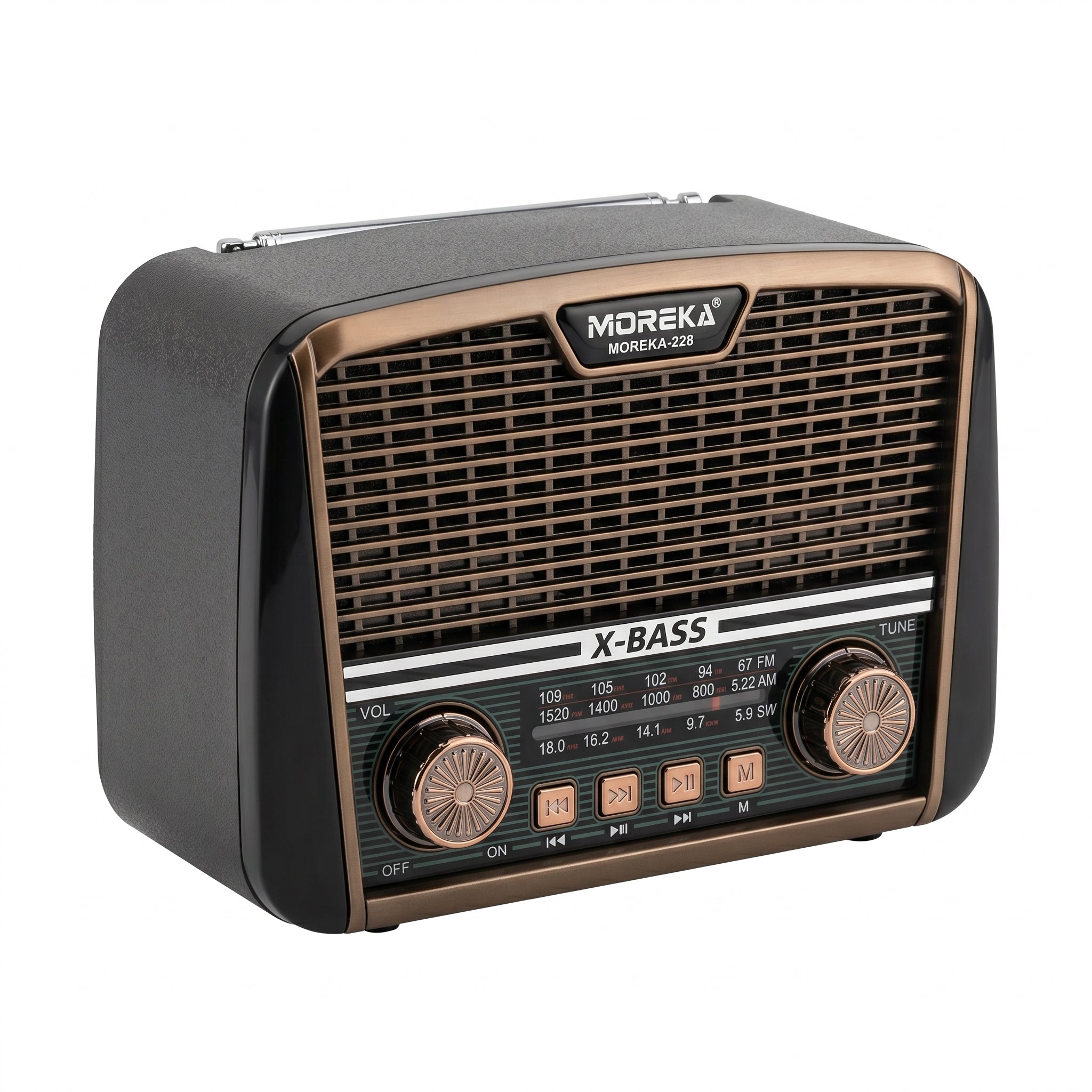 Receptor de 3 Bandas con Súper Bajos y Altavoz de 6W Radio Moreka-228 Potencia y Graves Profundos en un Solo Equipo