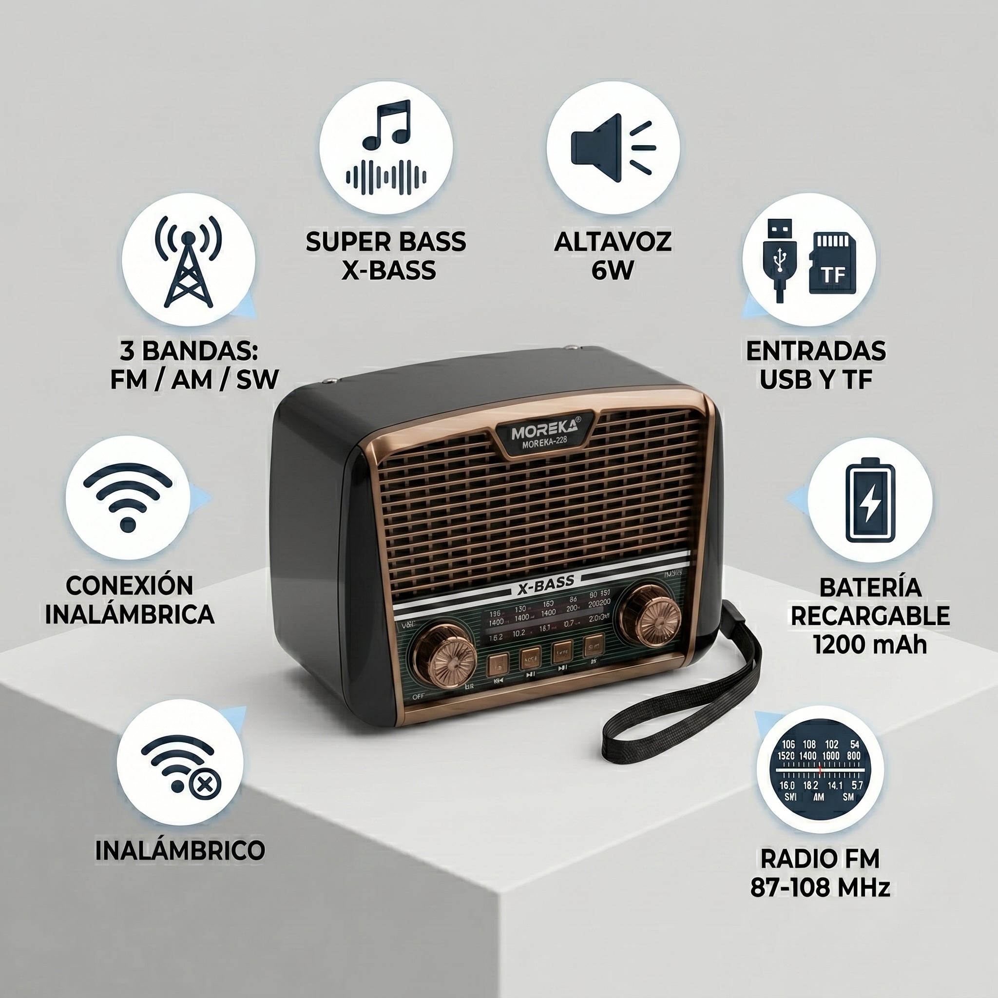 Receptor de 3 Bandas con Súper Bajos y Altavoz de 6W Radio Moreka-228 Potencia y Graves Profundos en un Solo Equipo - Imagen 4