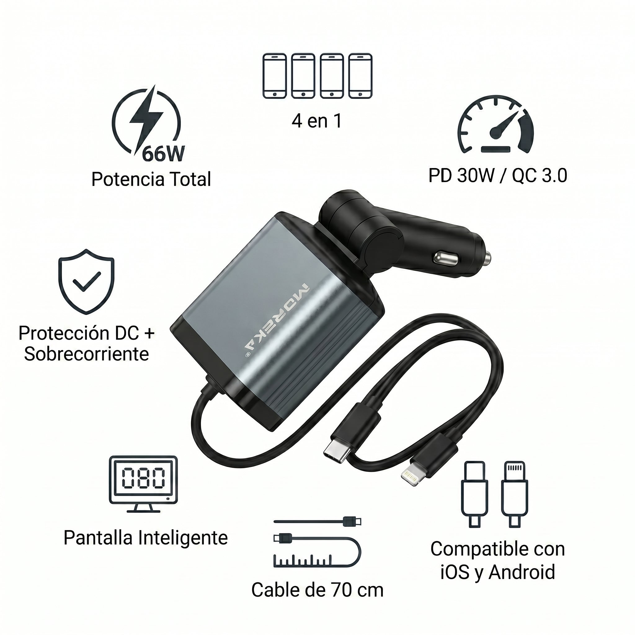 Cargador para Auto 70cm 66W 4 en 1 con Pantalla Colspo CP0091B - Imagen 2