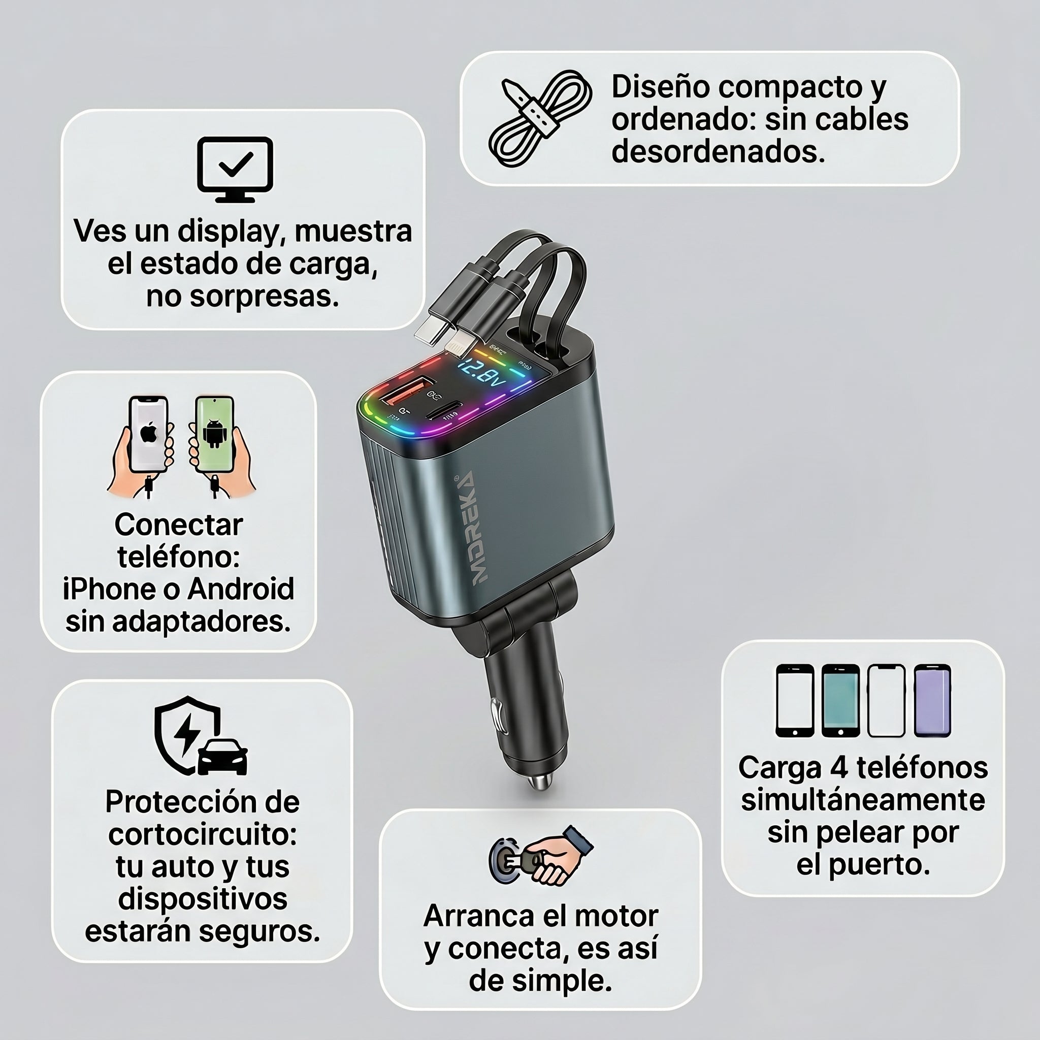 Cargador para Auto 70cm 66W 4 en 1 con Pantalla Colspo CP0091B - Imagen 3