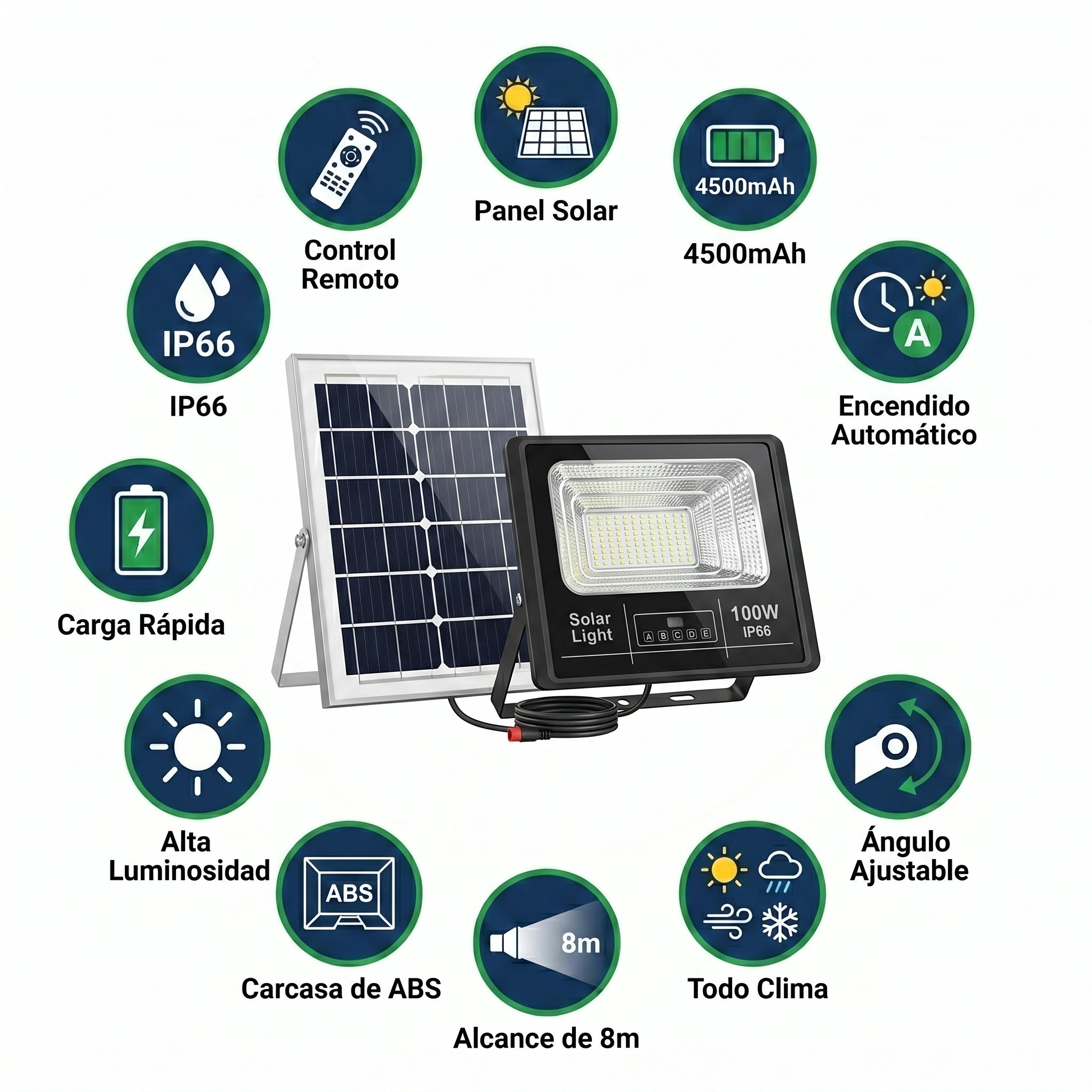 Lámpara Solar 100W MS-100W para Exterior Ilumina Toda la Noche sin Cableado Control Remoto IP66 Resistente a Lluvia y Polvo Ahorro Energético para Jardín o Garaje - Imagen 3