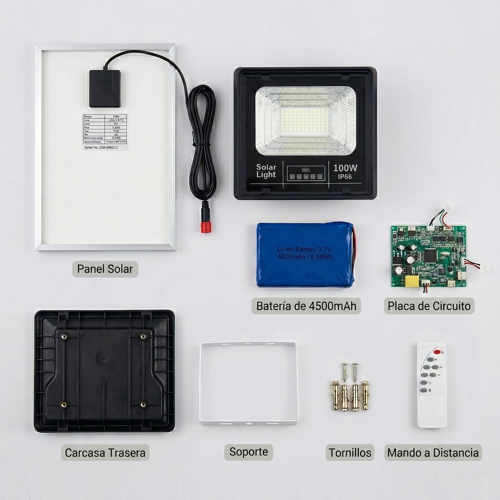 Lámpara Solar 100W MS-100W para Exterior Ilumina Toda la Noche sin Cableado Control Remoto IP66 Resistente a Lluvia y Polvo Ahorro Energético para Jardín o Garaje - Imagen 5