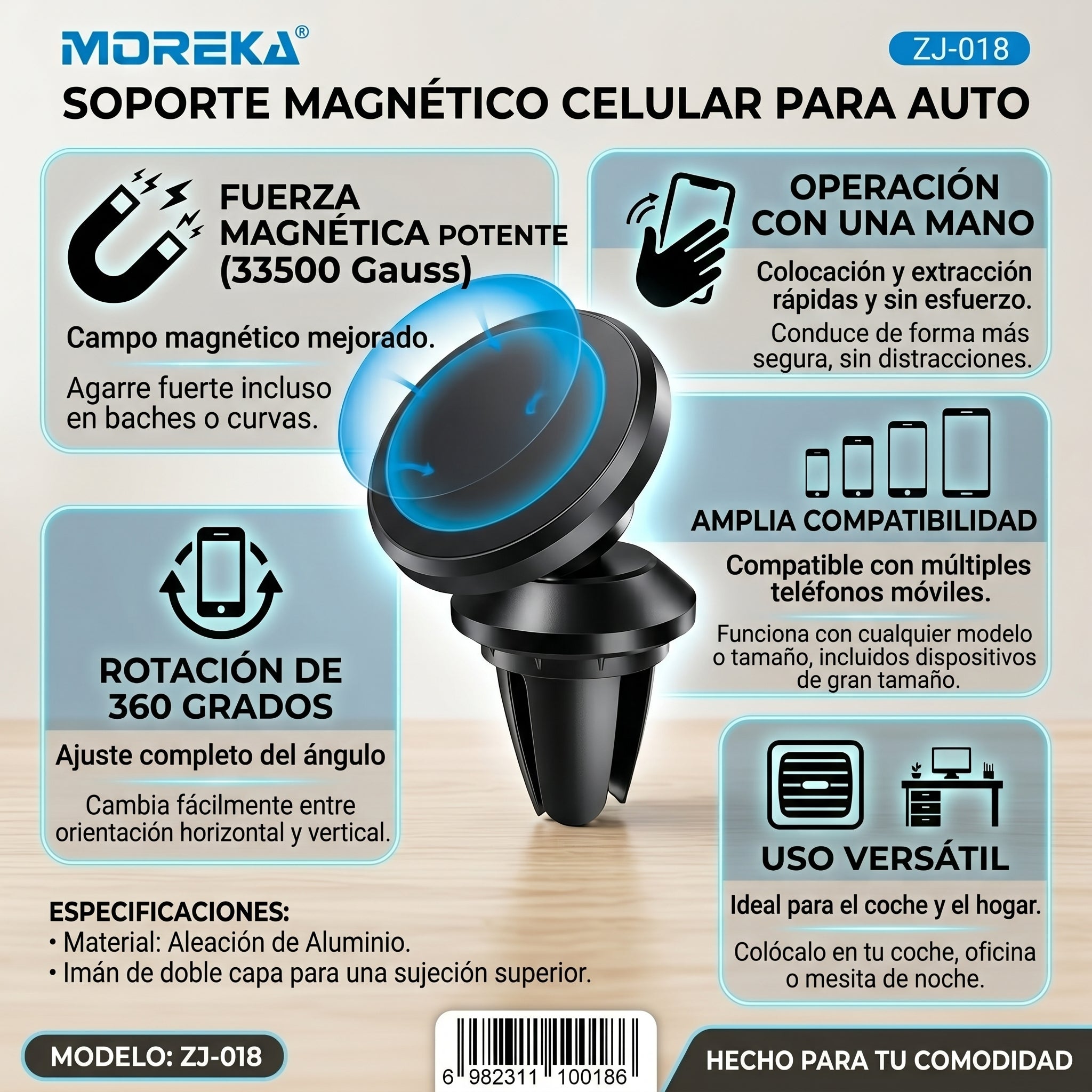 Soporte para Celular en Auto Magnético ZJ-018 Universal con Giratorio 360 Grados y Campo Magnético Segura para Múltiples Móviles - Imagen 3