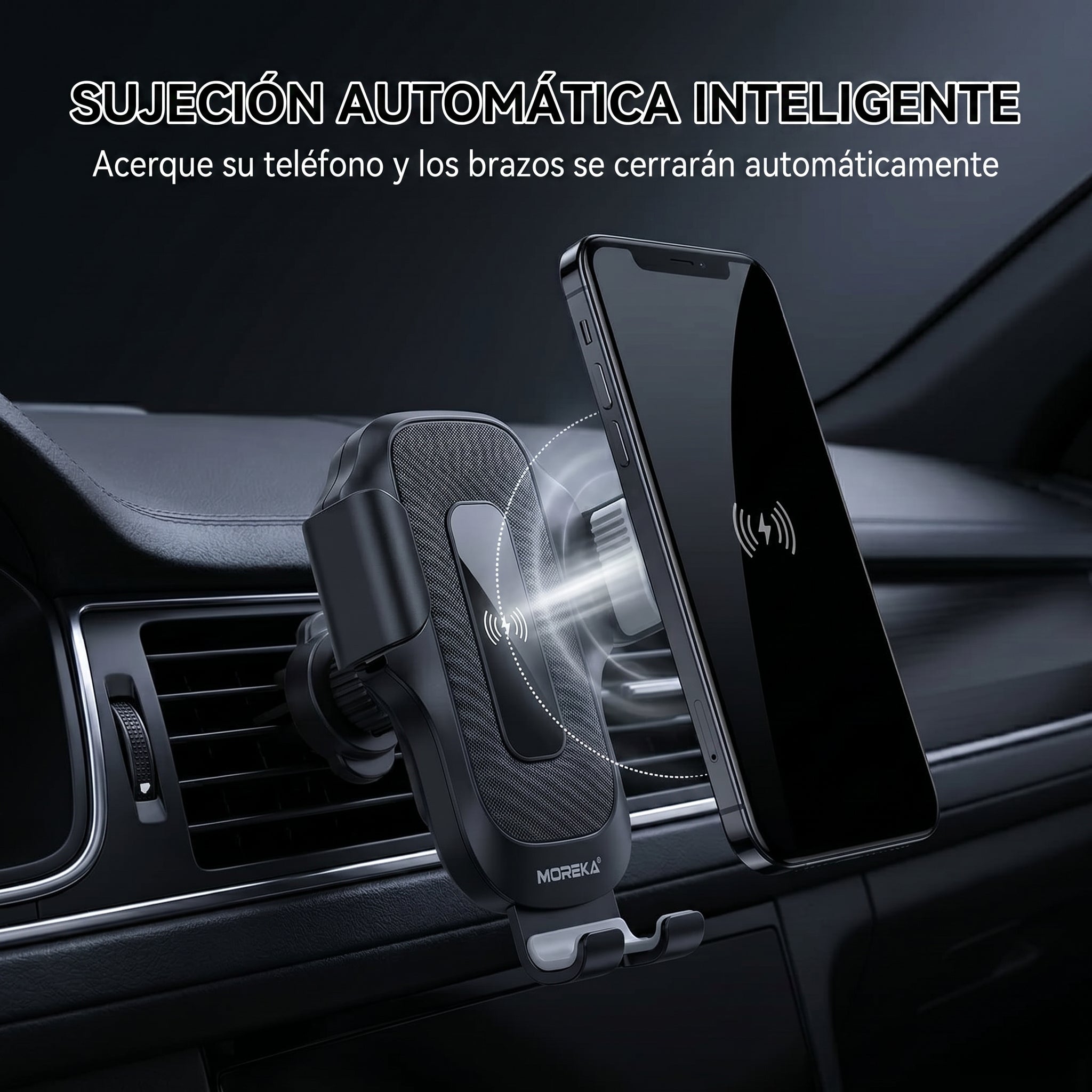 Soporte de Coche con Carga Inalámbrica Rápida Moreka ZJ-021 15W Sujeción Automática Inteligente y Clip para Rejilla de Ventilación - Imagen 5