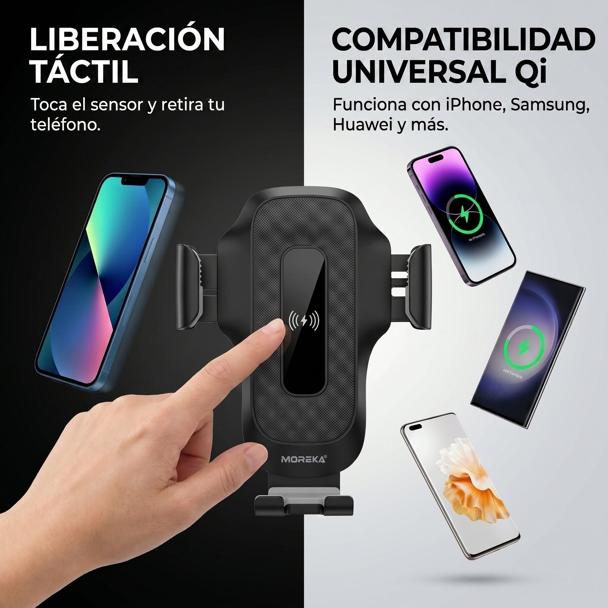 Soporte de Coche con Carga Inalámbrica Rápida Moreka ZJ-021 15W Sujeción Automática Inteligente y Clip para Rejilla de Ventilación - Imagen 6