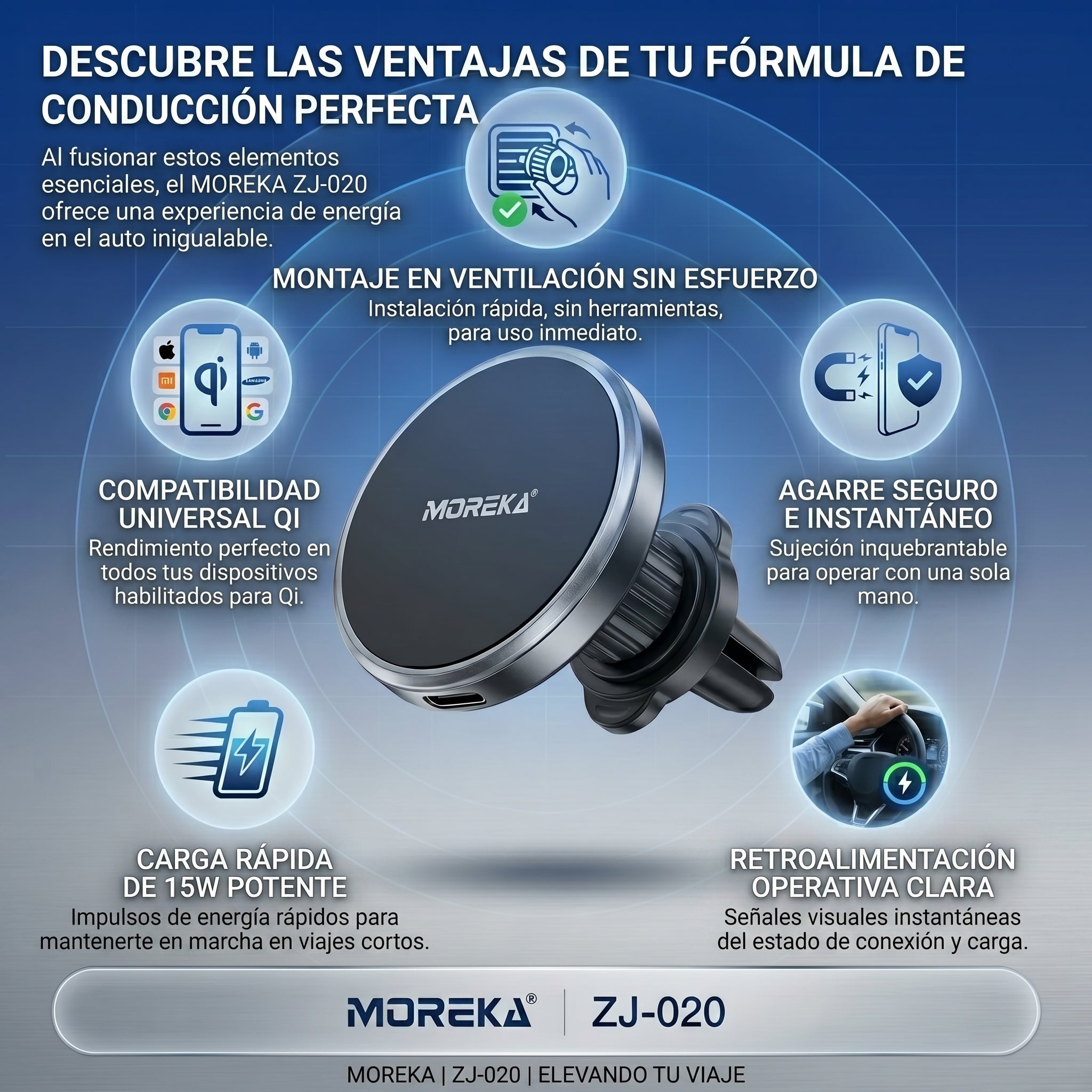 Cargador Inalámbrico Magnético para Auto Moreka ZJ-020 15W Soporte Ventilación Carga Rápida - Imagen 2