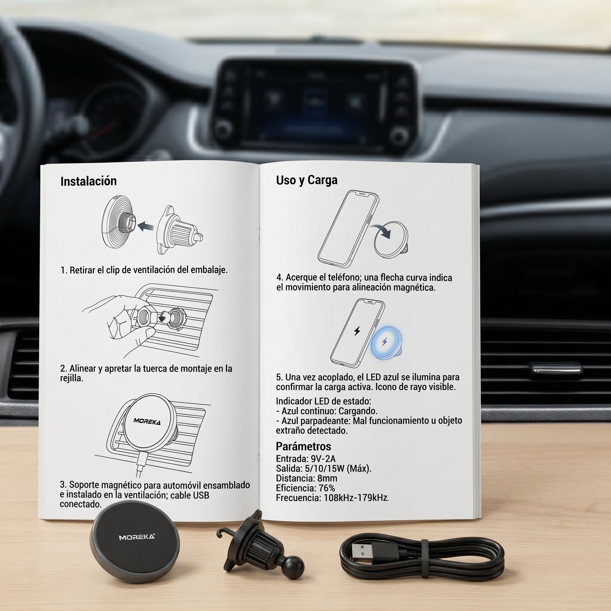 Cargador Inalámbrico Magnético para Auto Moreka ZJ-020 15W Soporte Ventilación Carga Rápida - Imagen 3