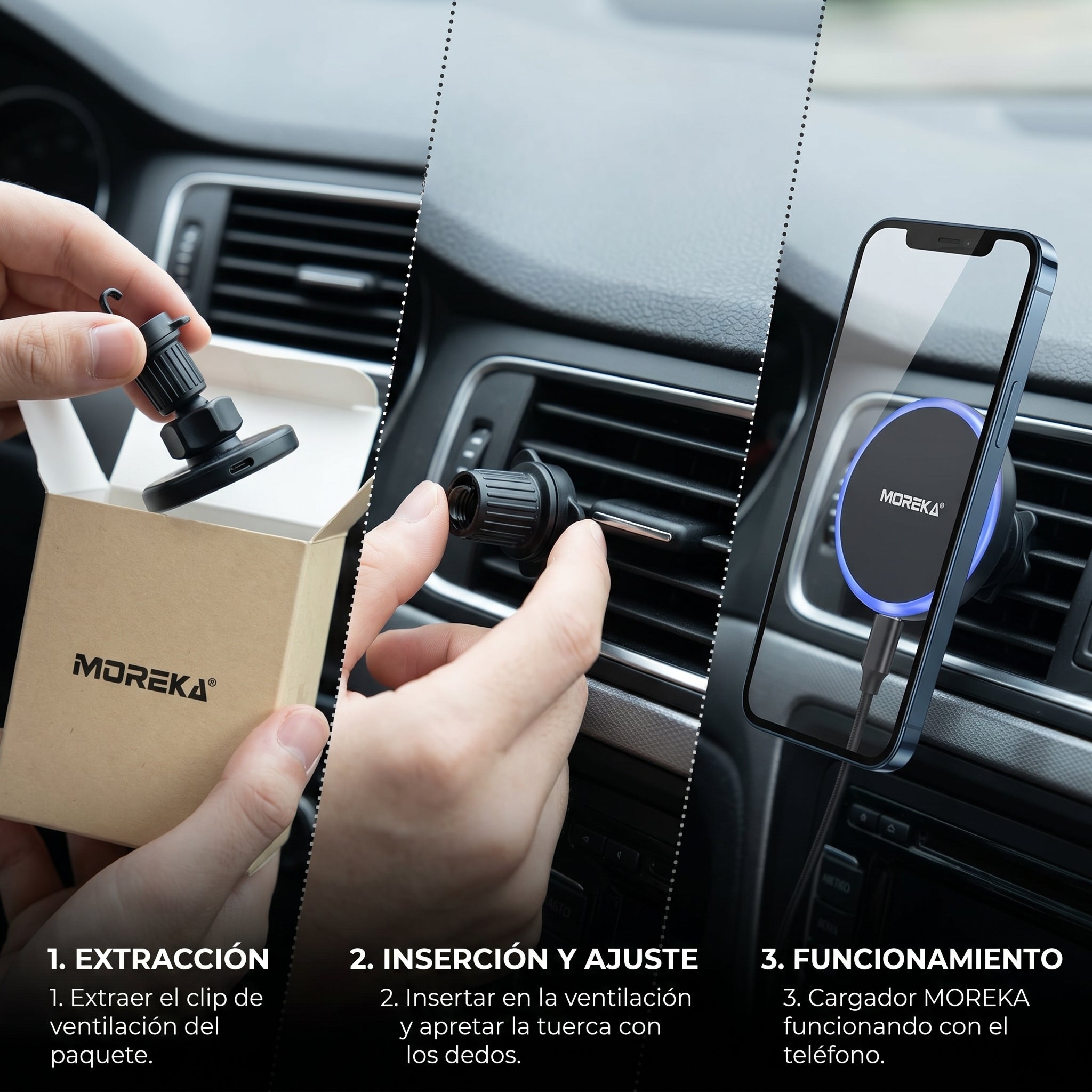 Cargador Inalámbrico Magnético para Auto Moreka ZJ-020 15W Soporte Ventilación Carga Rápida - Imagen 5