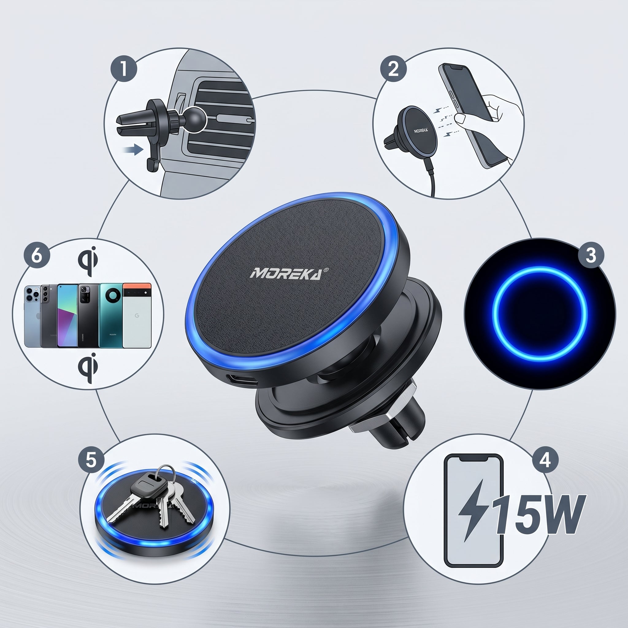 Cargador Inalámbrico Magnético para Auto Moreka ZJ-020 15W Soporte Ventilación Carga Rápida - Imagen 6