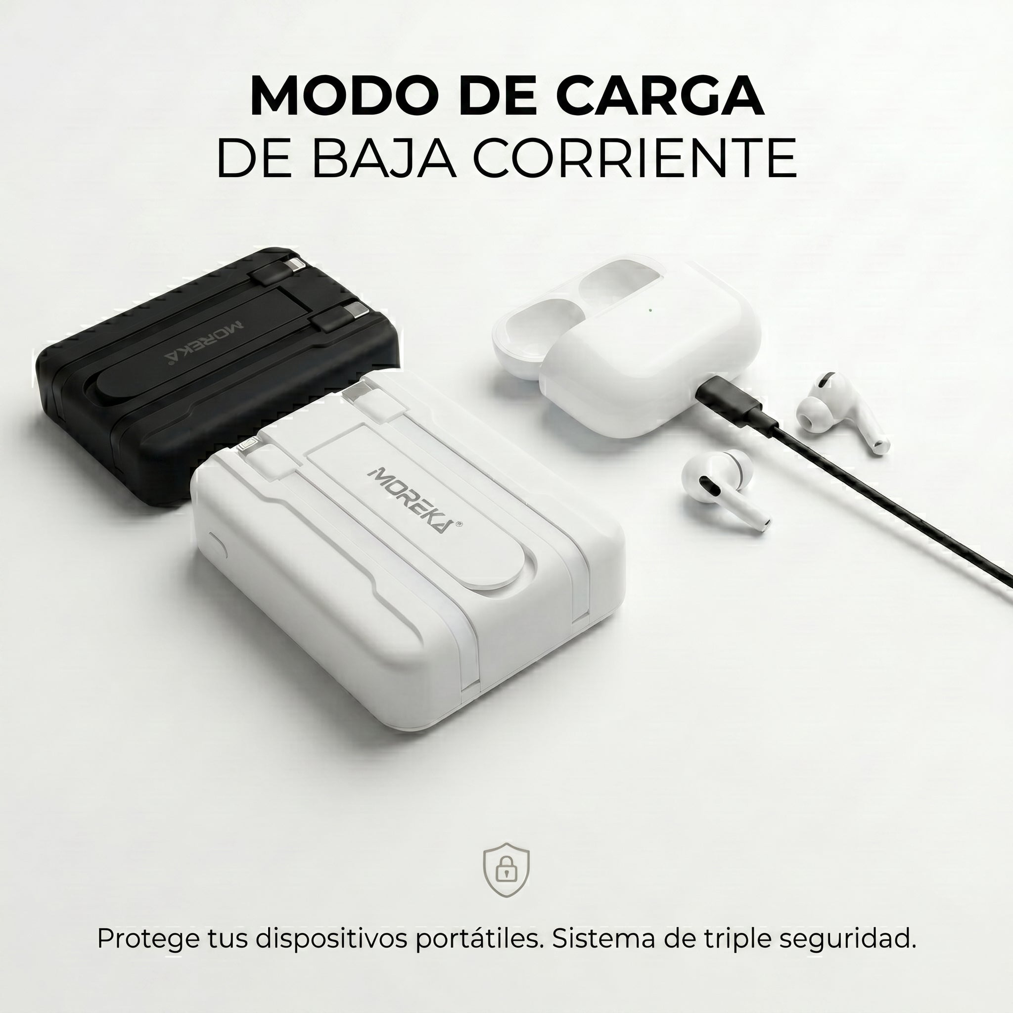 Power Bank Magnético Moreka K112 10000mAh 22.5W con Cable Lightning y Tipo-C Integrados Carga Inalámbrica 15W, Modo Baja Corriente - Imagen 4