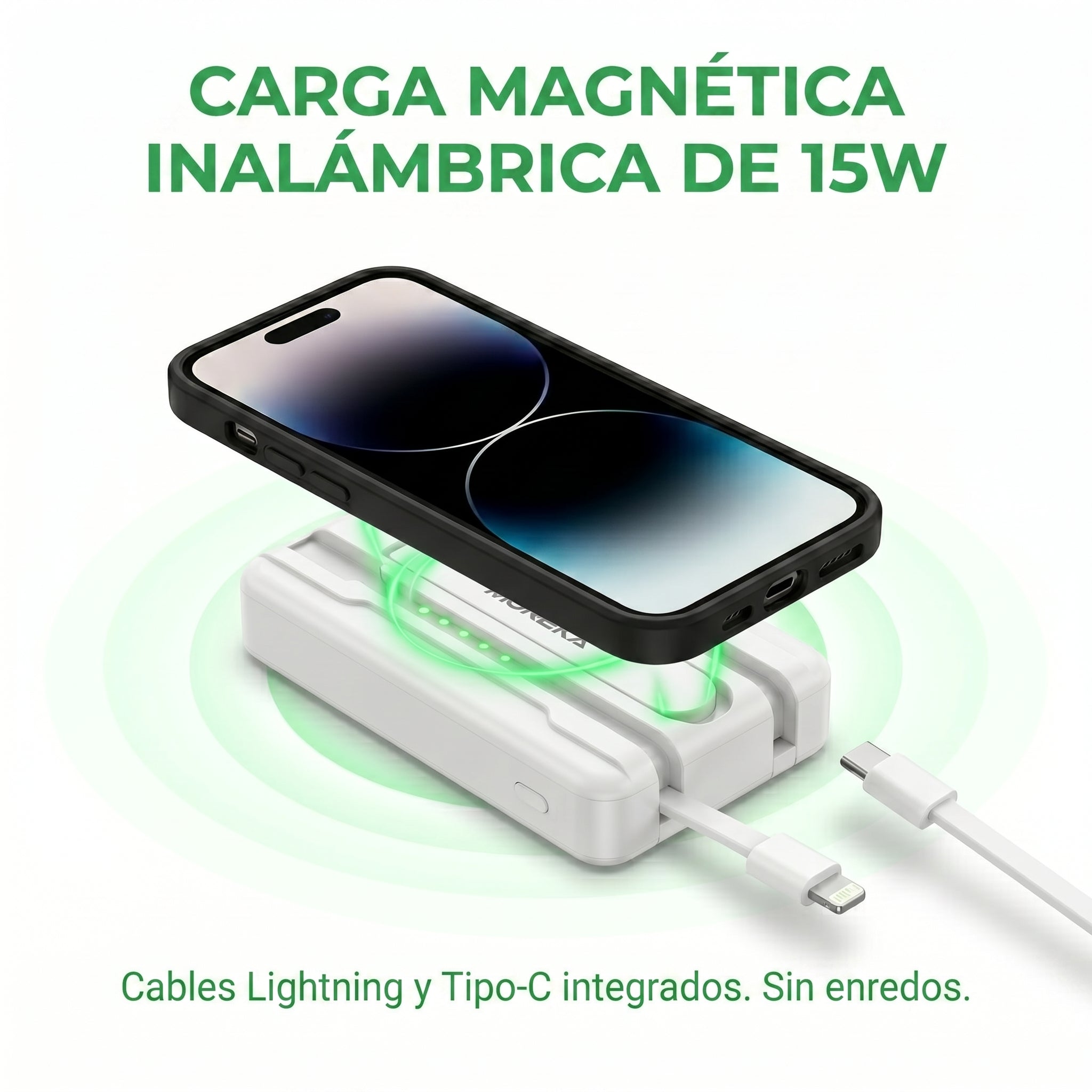 Power Bank Magnético Moreka K112 10000mAh 22.5W con Cable Lightning y Tipo-C Integrados Carga Inalámbrica 15W, Modo Baja Corriente - Imagen 5
