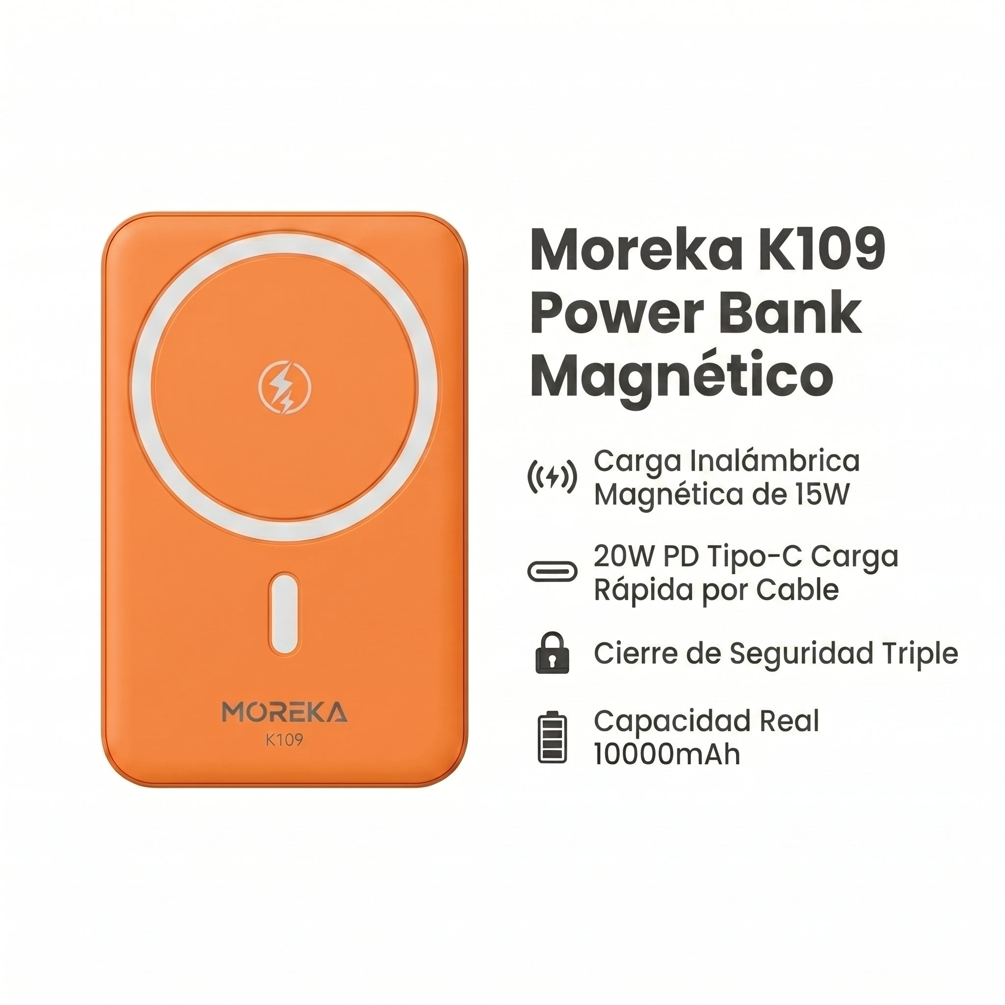 Power Bank Magnético Moreka K109 10000mAh con Carga Rápida Inalámbrica 15W y PD 20W - Imagen 6