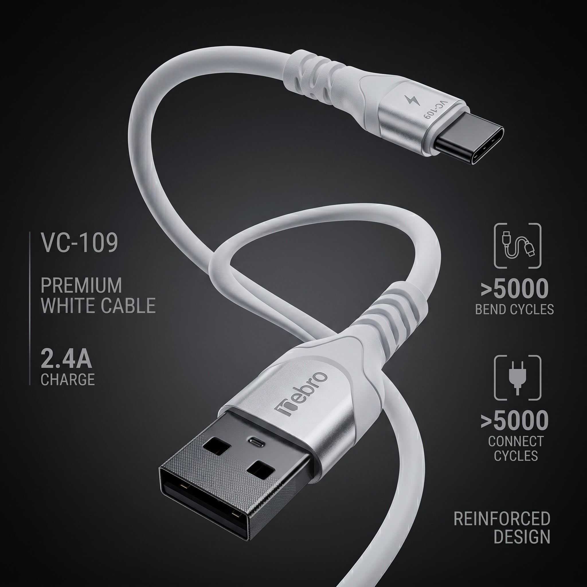 Cable Tipo C NEBRO VC109 12W USB a Tipo C 1 Metro - Imagen 3