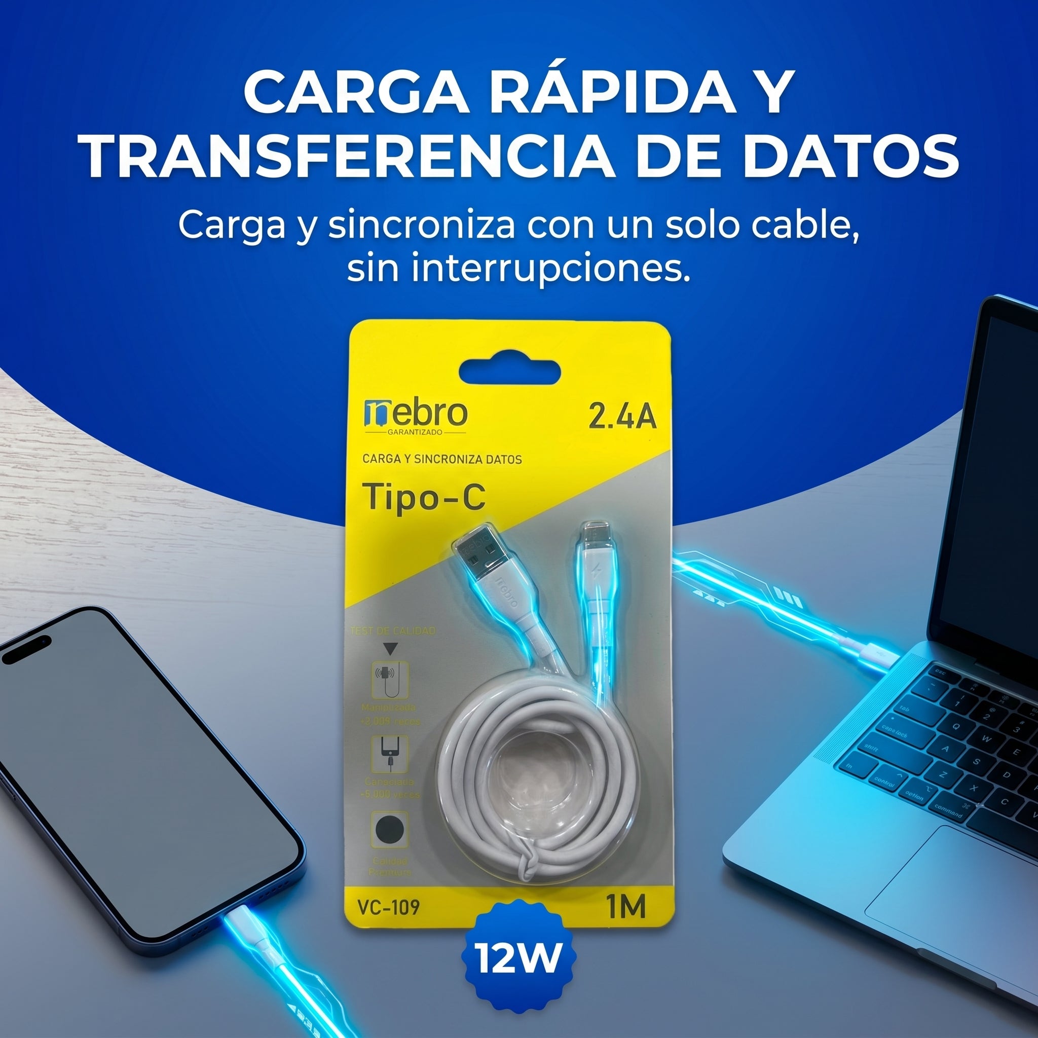 Cable Tipo C NEBRO VC109 12W USB a Tipo C 1 Metro - Imagen 4