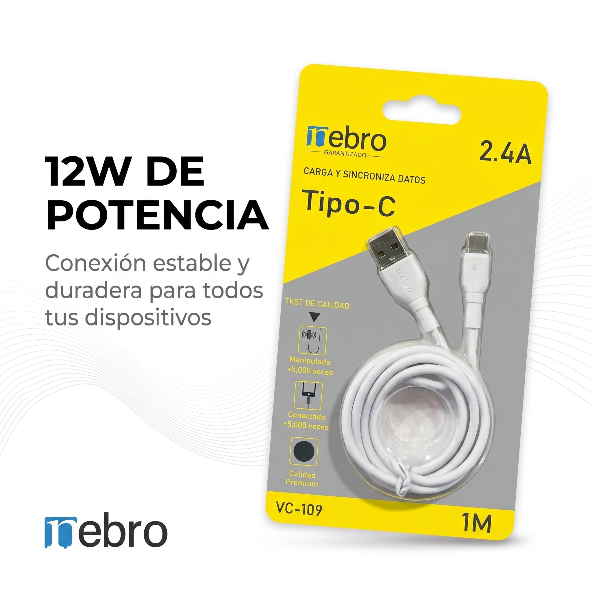 Cable Tipo C NEBRO VC109 12W USB a Tipo C 1 Metro - Imagen 6