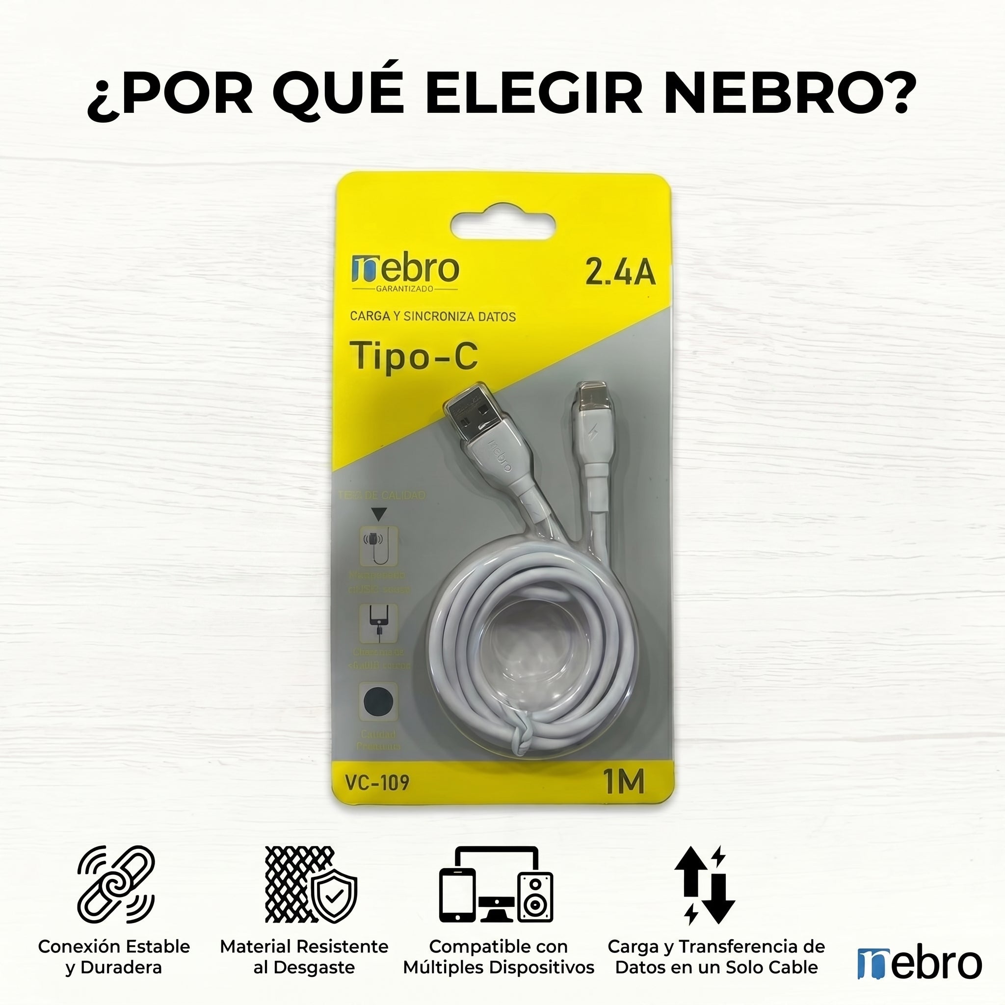Cable Tipo C NEBRO VC109 12W USB a Tipo C 1 Metro - Imagen 8