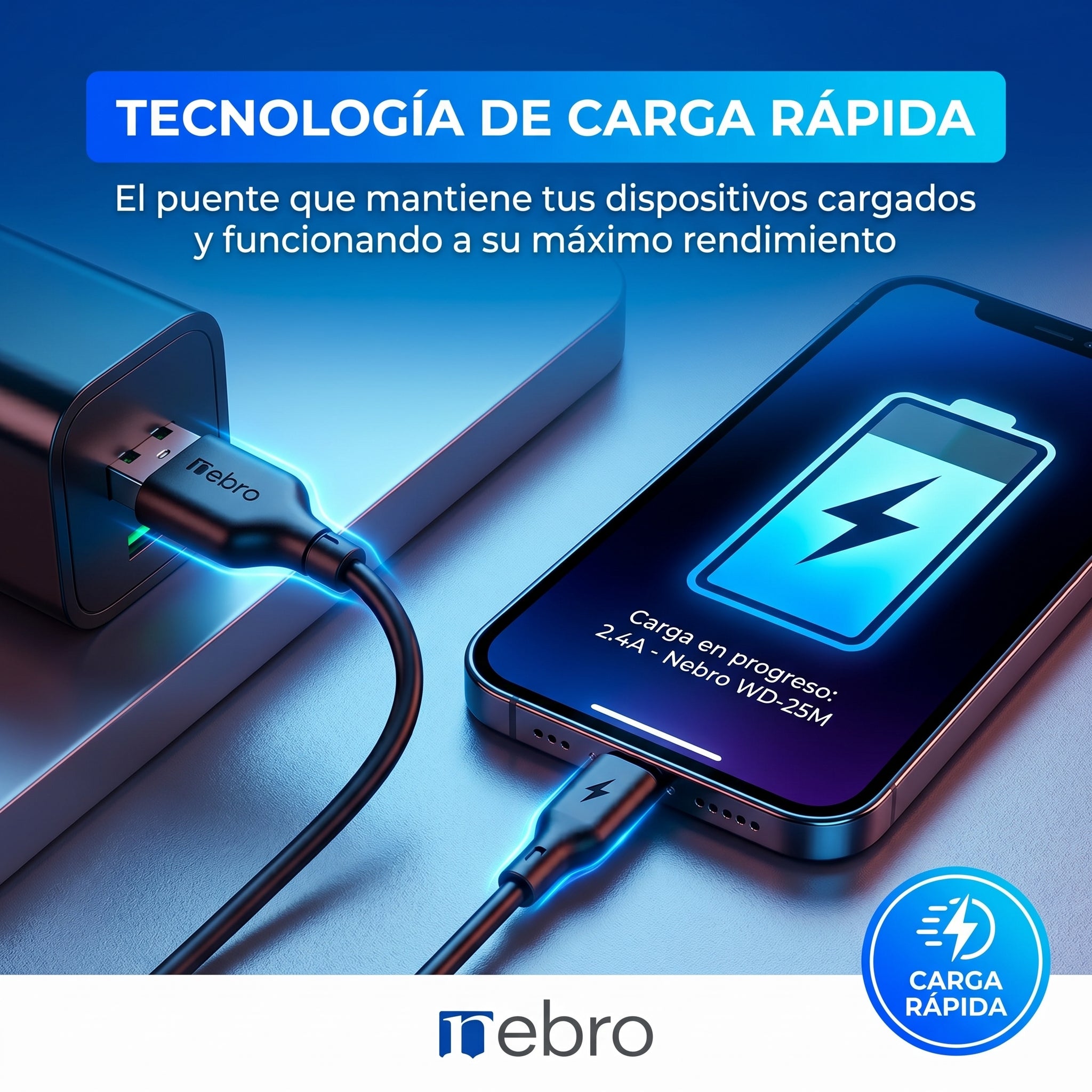 Cable Micro USB NEBRO WD25M 2.4A 2 Metros Carga Rápida - Imagen 3