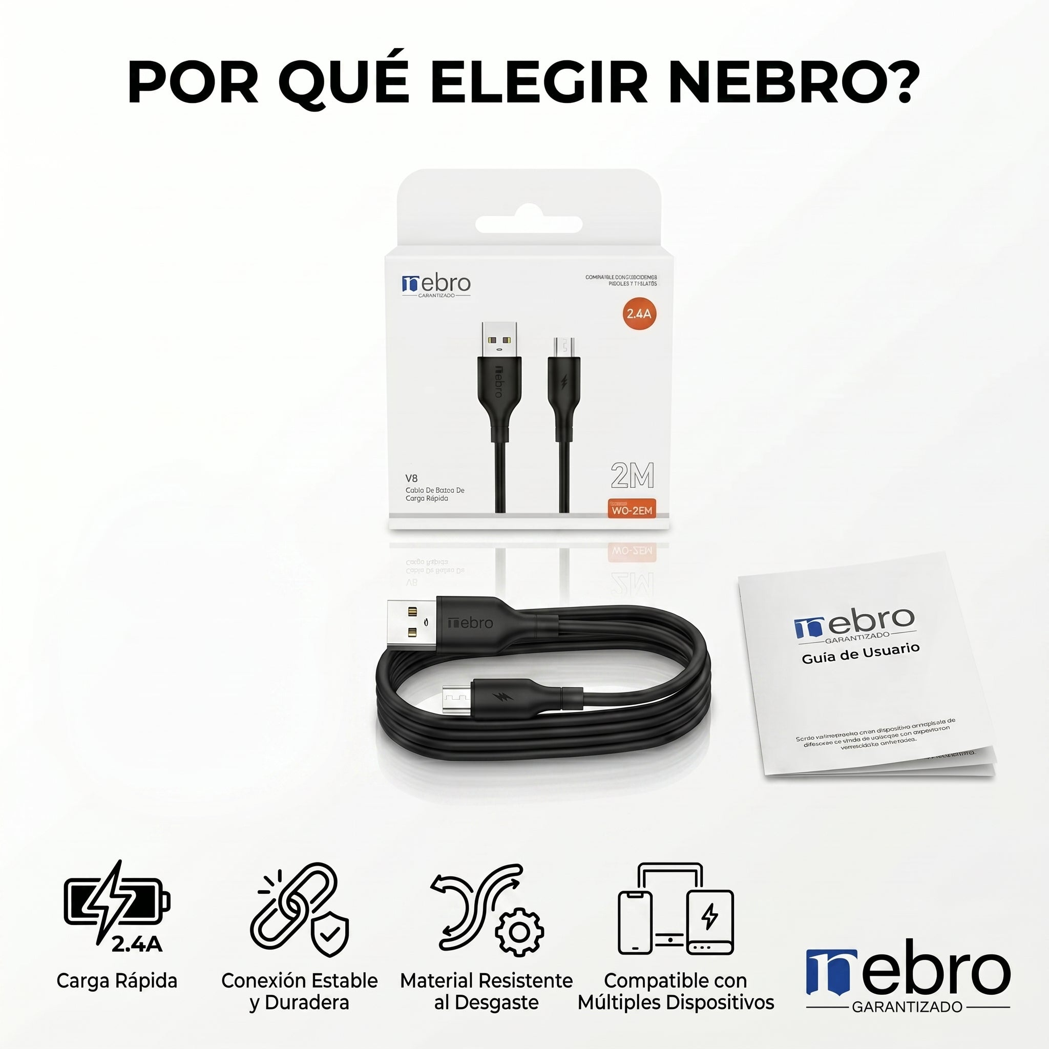 Cable Micro USB NEBRO WD25M 2.4A 2 Metros Carga Rápida - Imagen 6