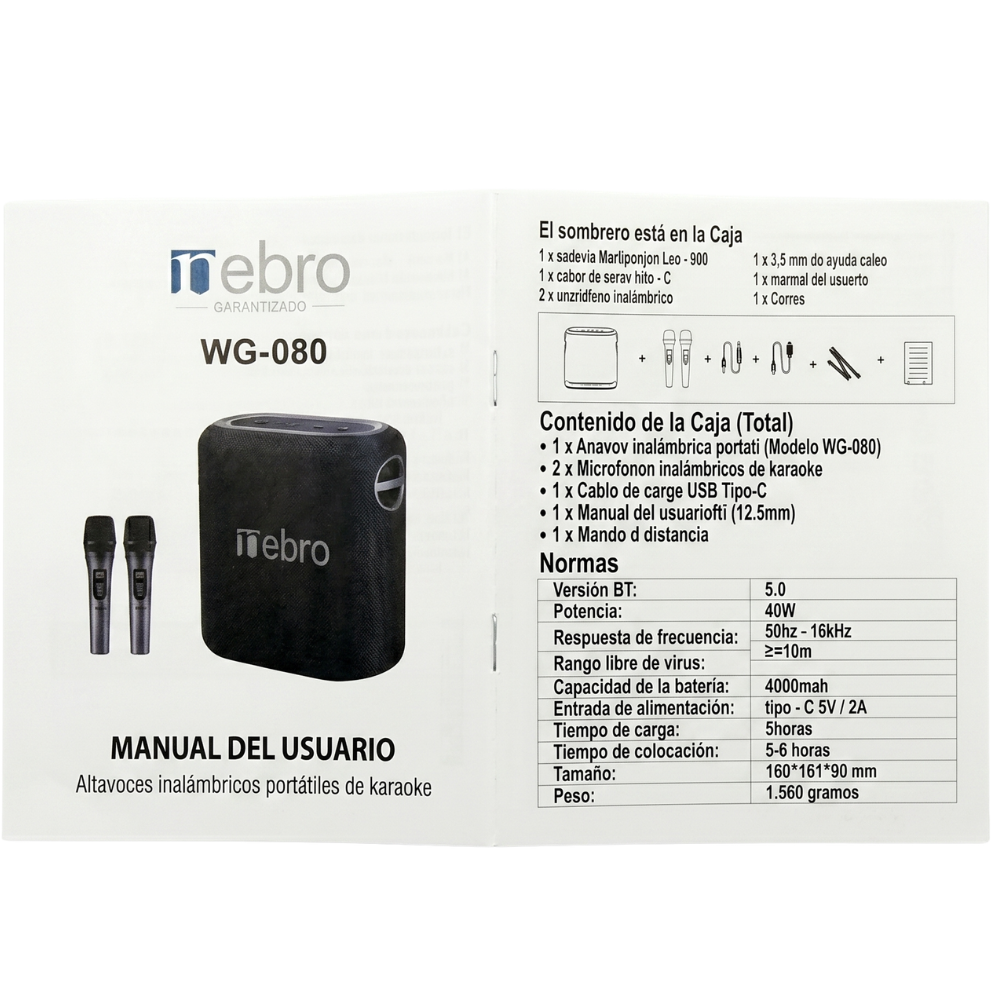 Altavoz Karaoke Portátil WG-080 40W con 2 Micrófonos Inalámbricos - Imagen 5