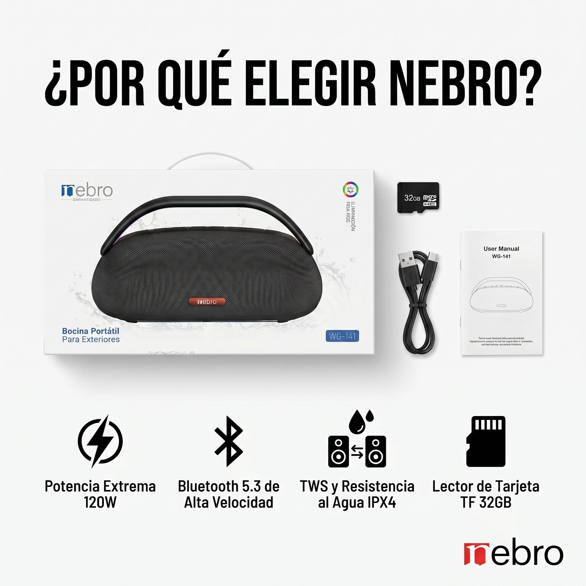 Bocina Bluetooth TWS NEBRO WG141 Bluetooth 53 120W IPX4 - Imagen 2